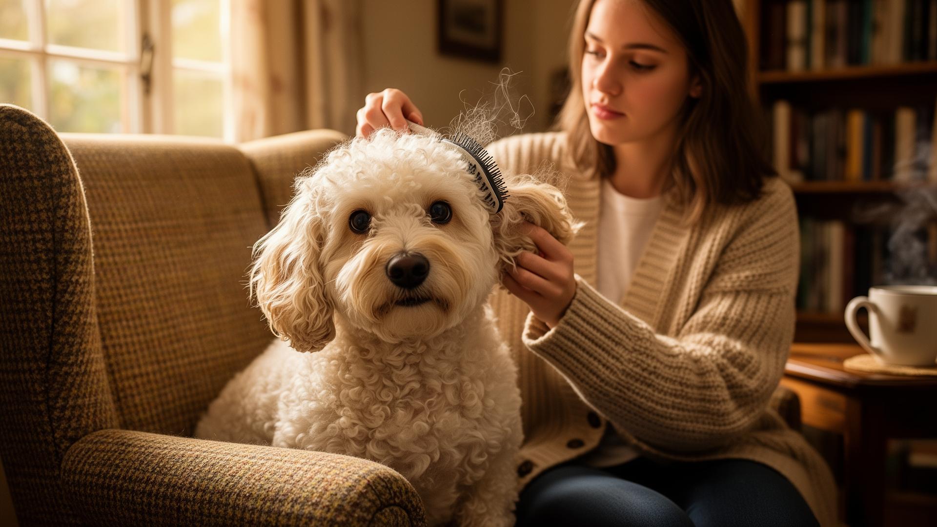 A cream-coated Cavapoo being gently brushed on an armchair by a young woman in a knitted cardigan