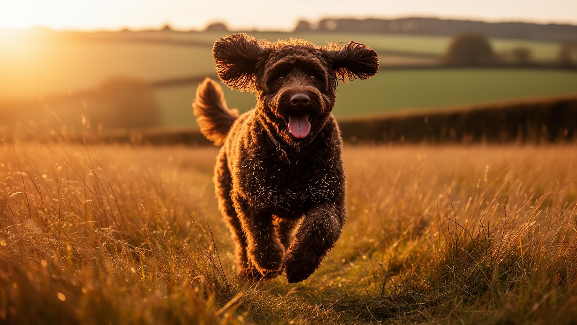 A chocolate Labradoodle running through tall golden autumn grass in an English countryside field at sunset