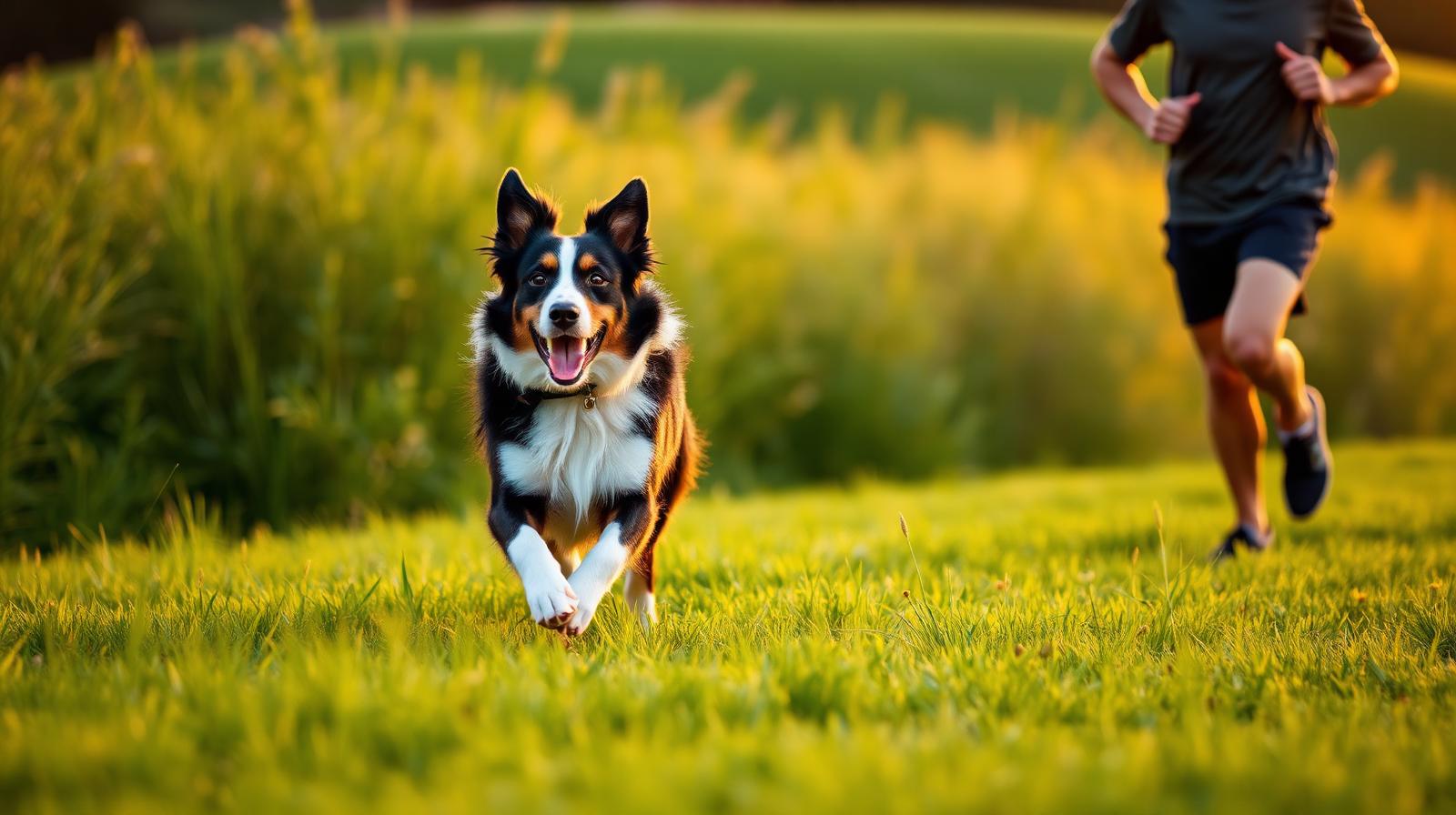Happy middle-aged border collie running across a green meadow at golden hour with owner jogging behind