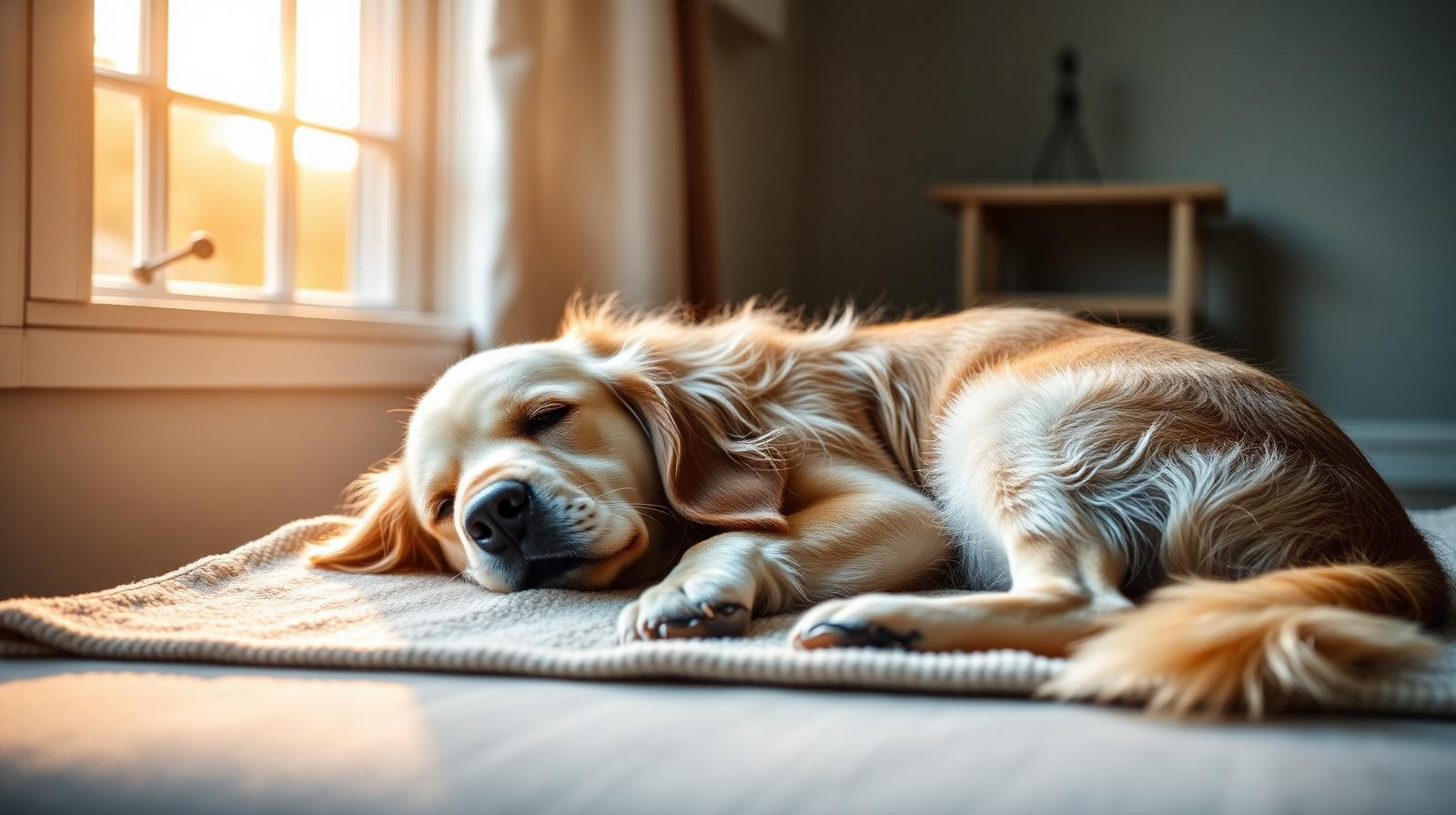 Senior golden retriever resting peacefully on a soft blanket near a sunlit window