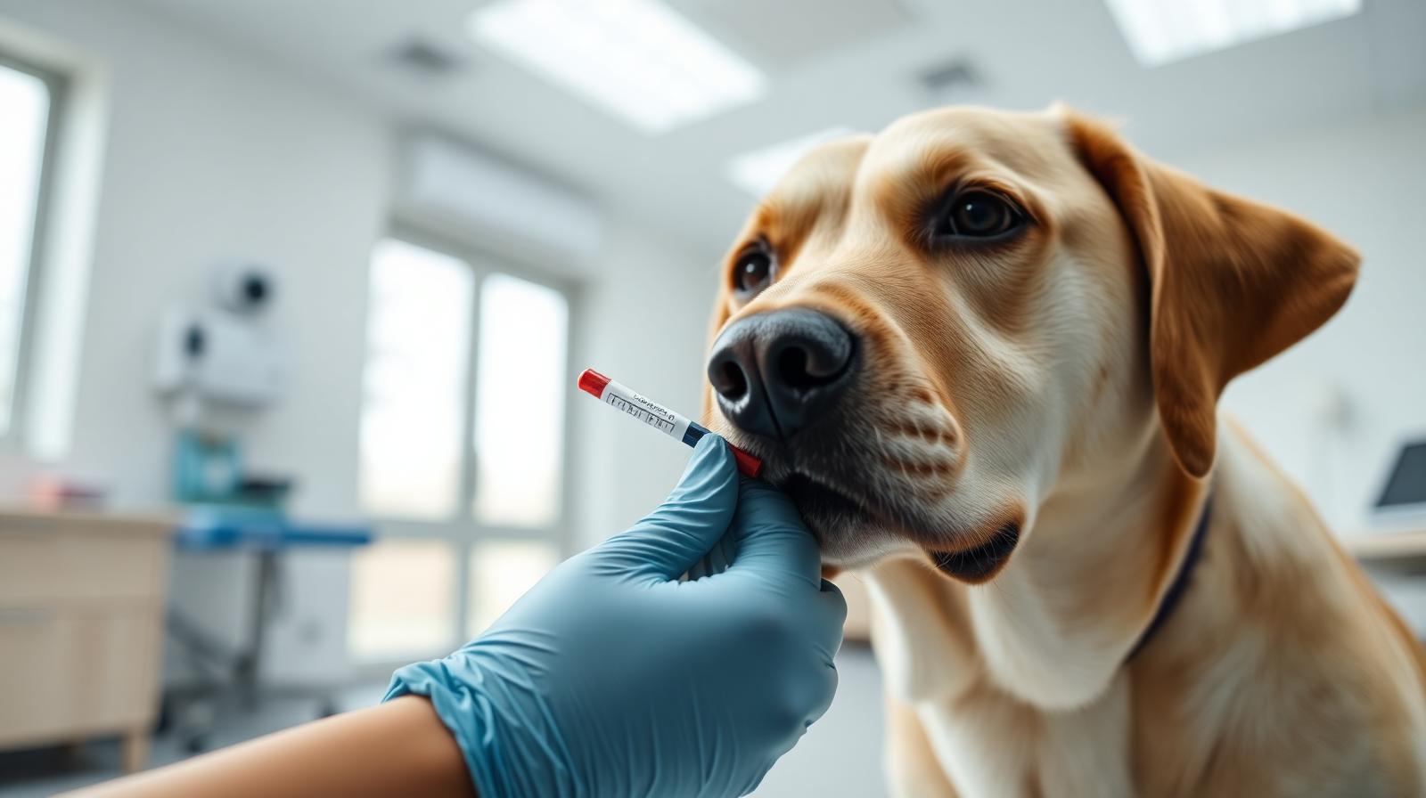 Veterinarian drawing a small blood sample from a calm Labrador in a bright modern clinic