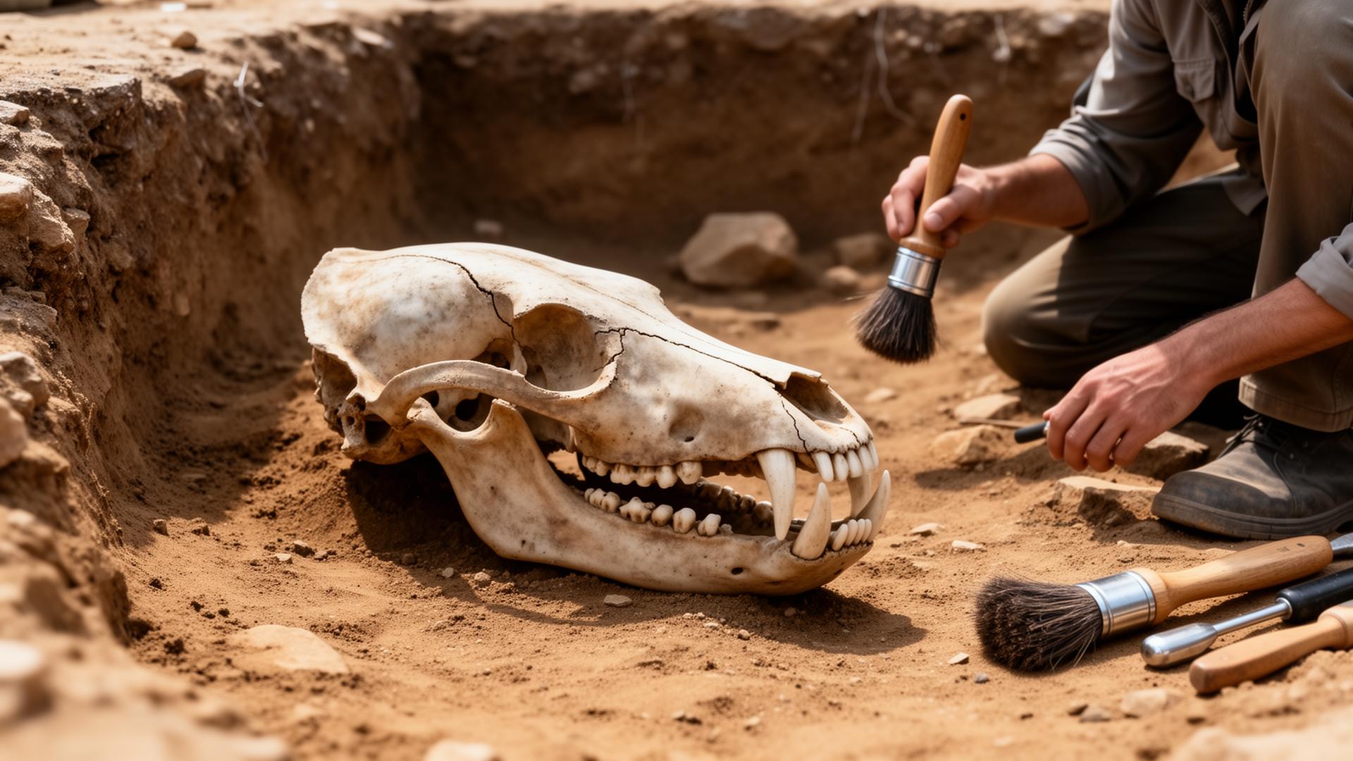 Archaeologist gently brushing soil from an ancient canid skull at an excavation site