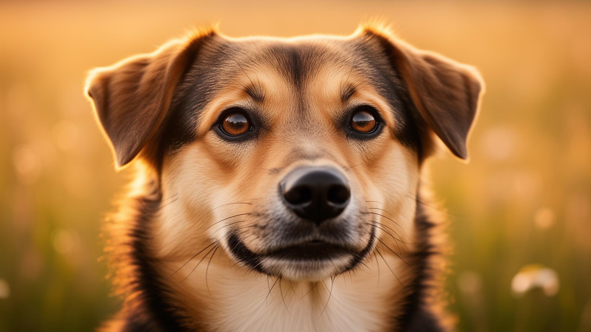 Close-up portrait of a thoughtful mixed-breed dog at golden hour