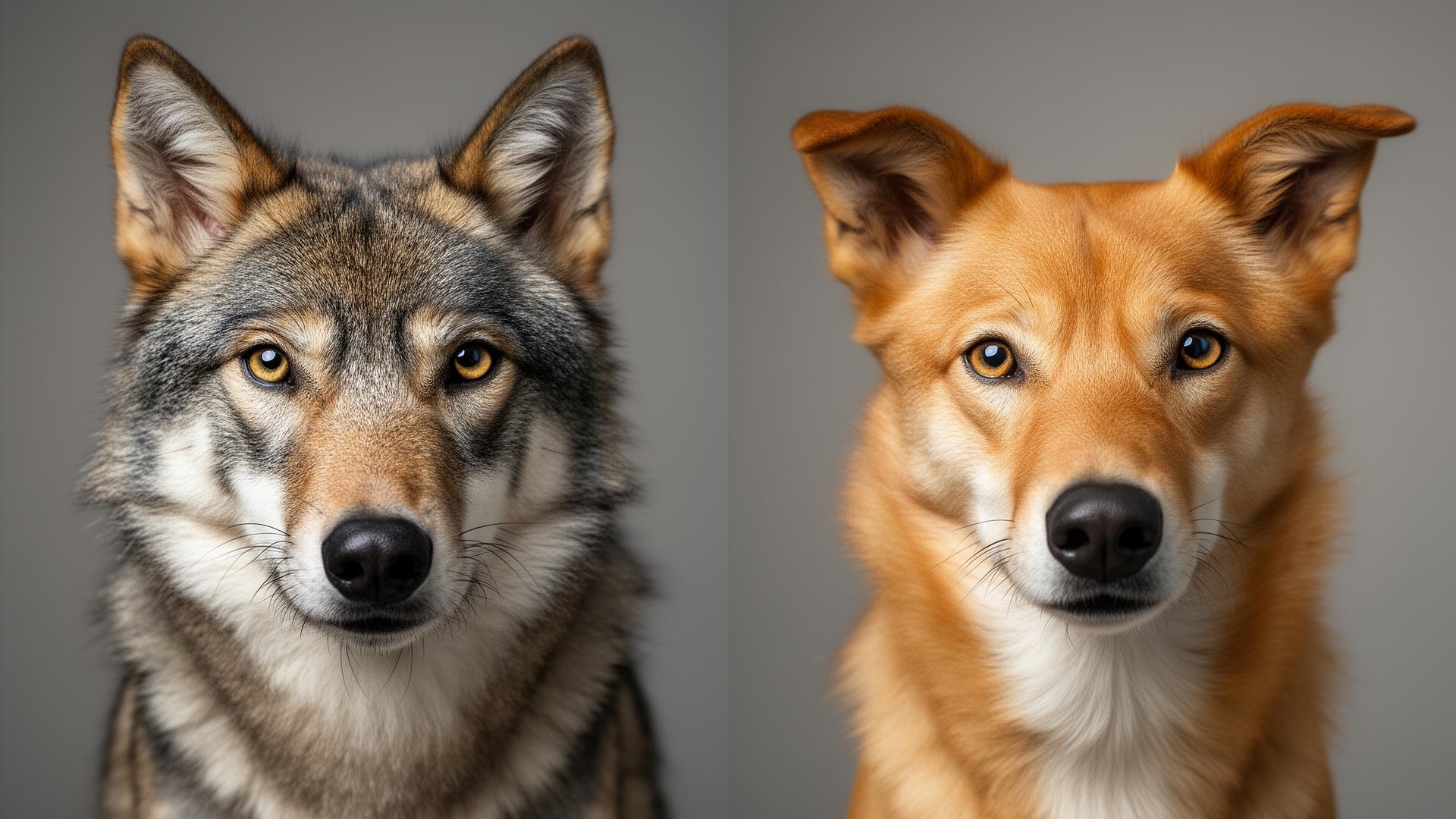 Side-by-side portrait of a grey wolf and a domestic dog illustrating brain and skull size differences