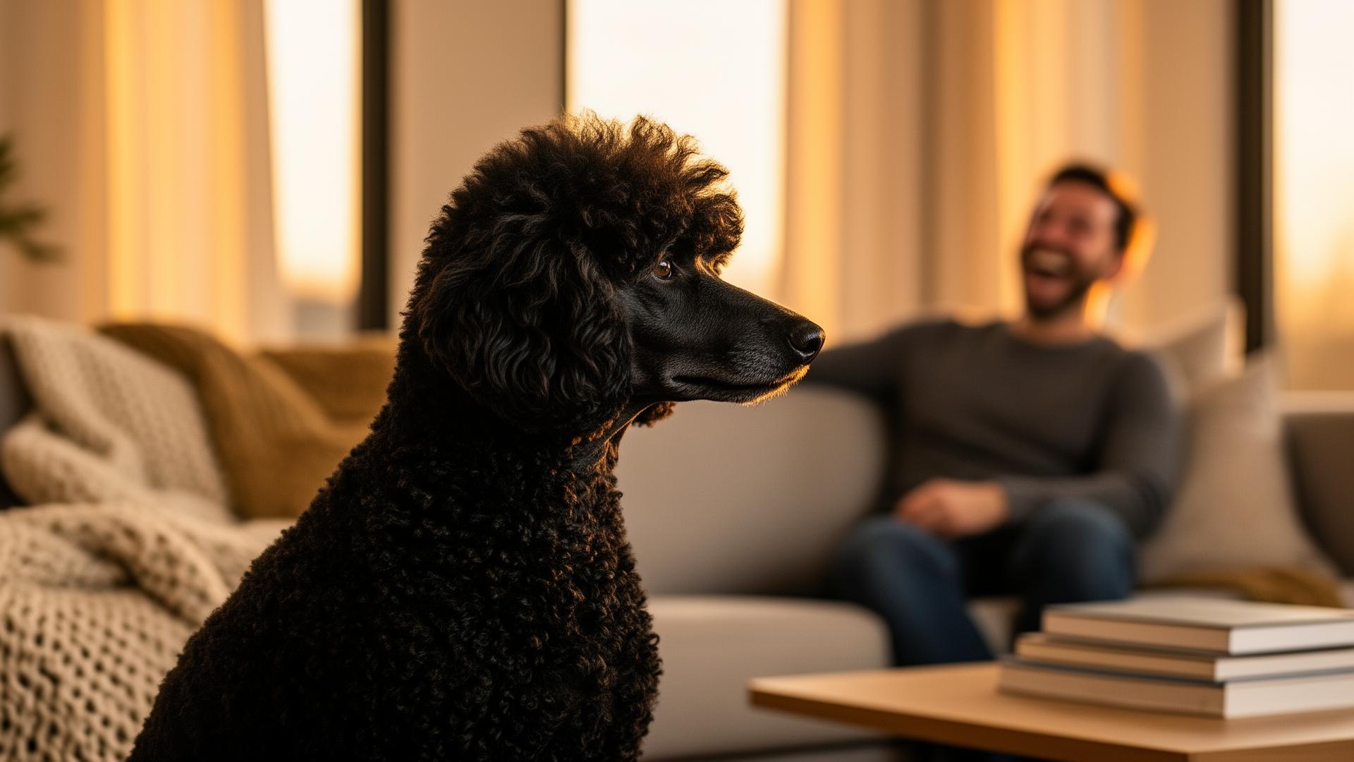 Standard Poodle listening attentively as a man laughs on a sofa during golden hour