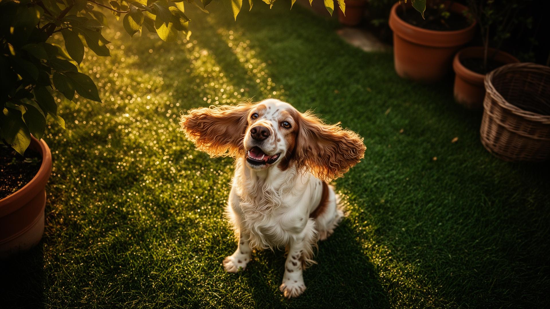 English Cocker Spaniel in a backyard reacting happily to a child's laughter at golden hour