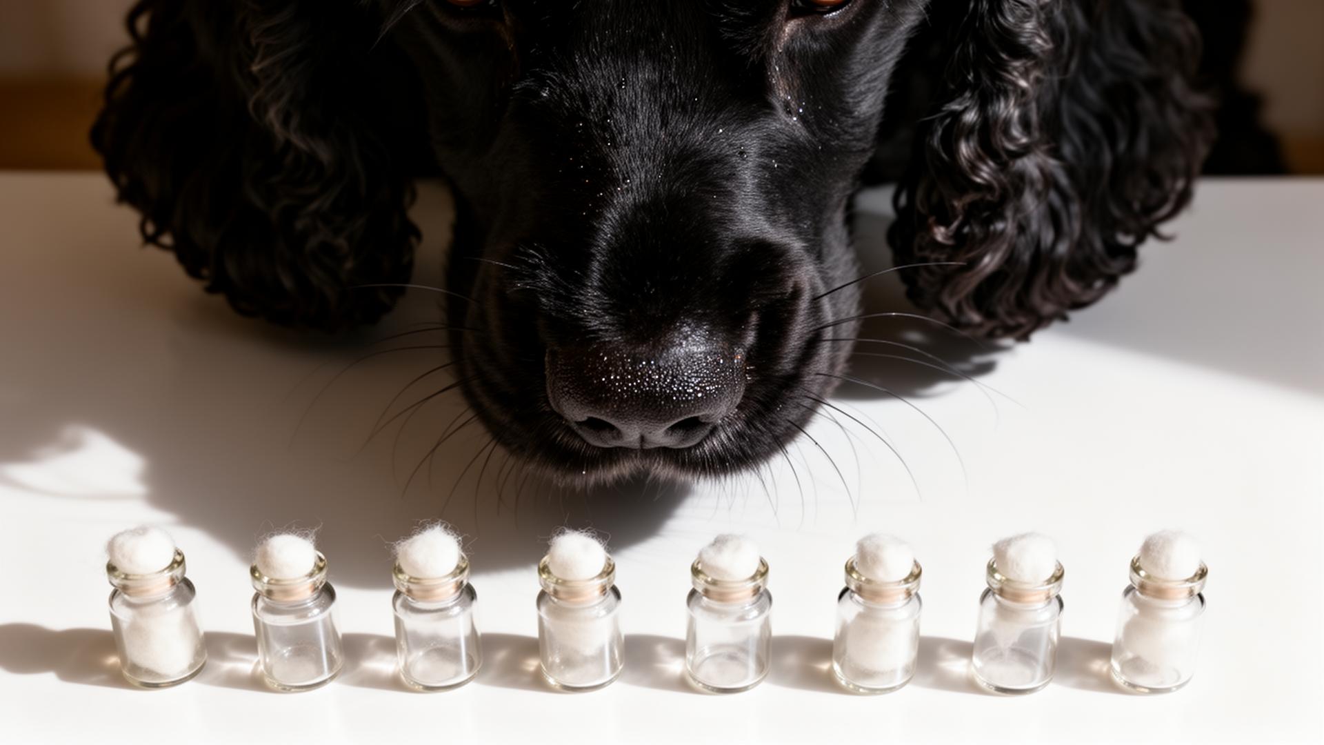 Top-down close-up of a black Cocker Spaniel sniffing a row of capped glass scent vials on a white lab bench
