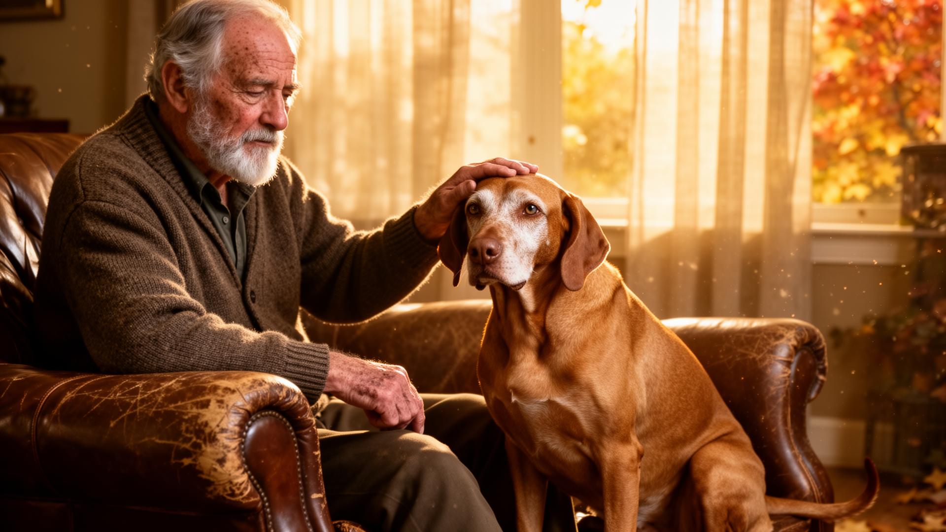 Elderly silver-muzzled Hungarian Vizsla sitting beside an older man on a worn leather armchair in golden afternoon light