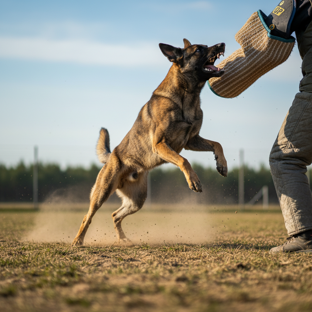 A Dutch Shepherd performing a high-energy bite work exercise, demonstrating its drive.
