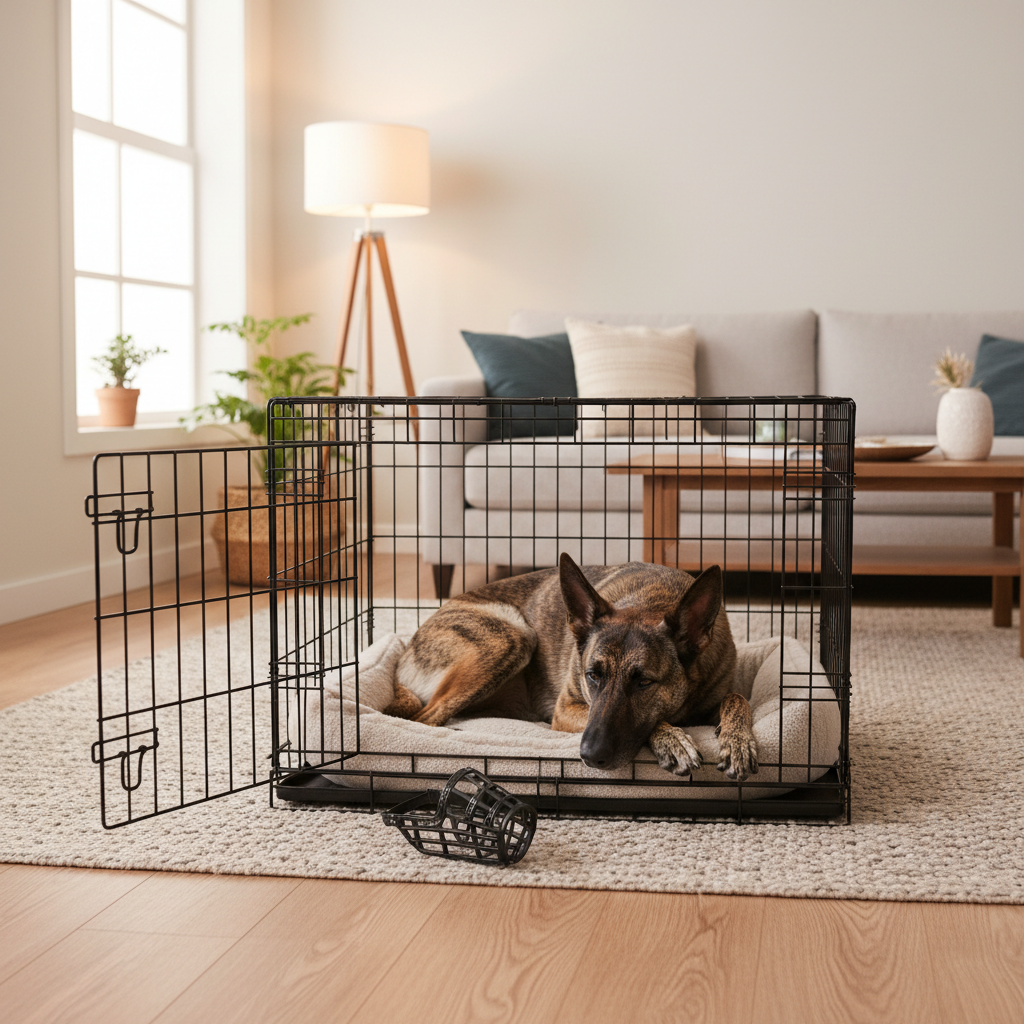 A calm Dutch Shepherd resting inside its crate, showing an 'off-switch'.