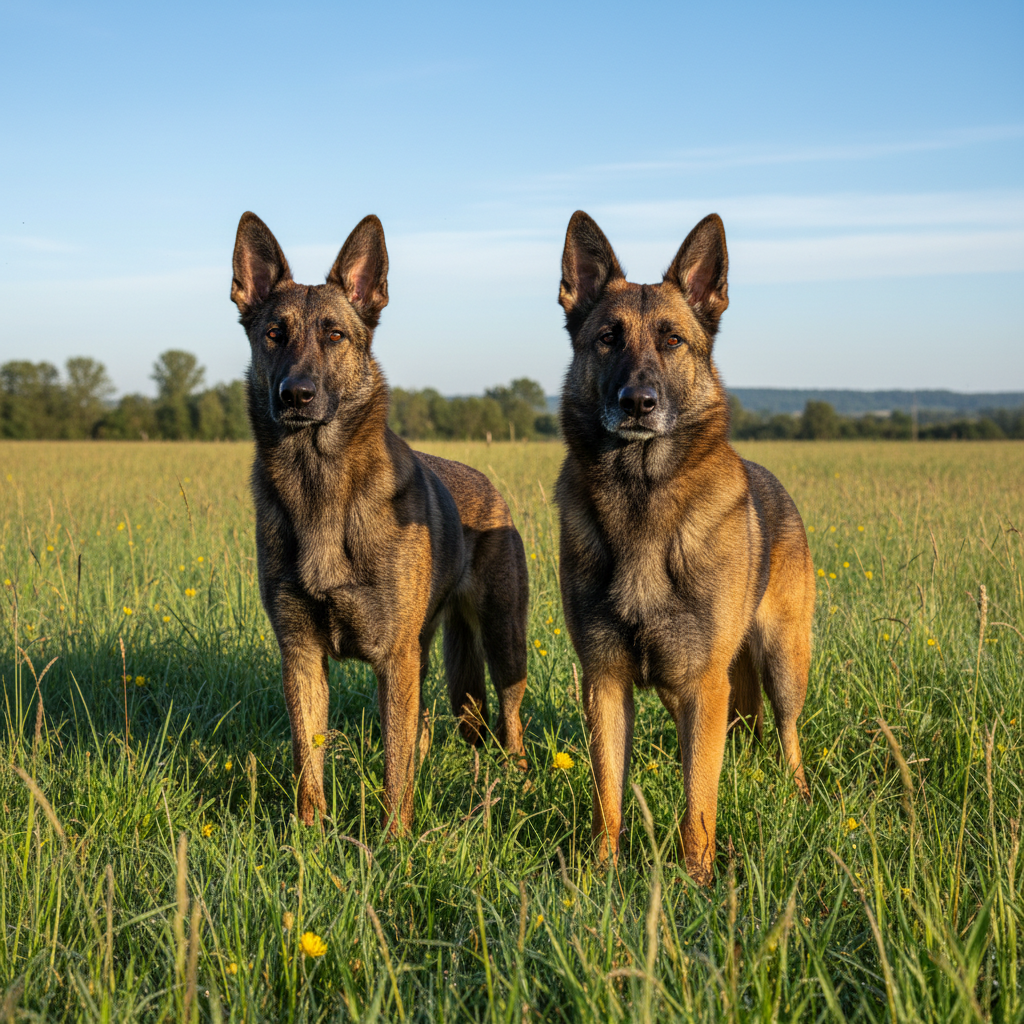 Two Dutch Shepherds, one working line and one show line, illustrating breed differences.