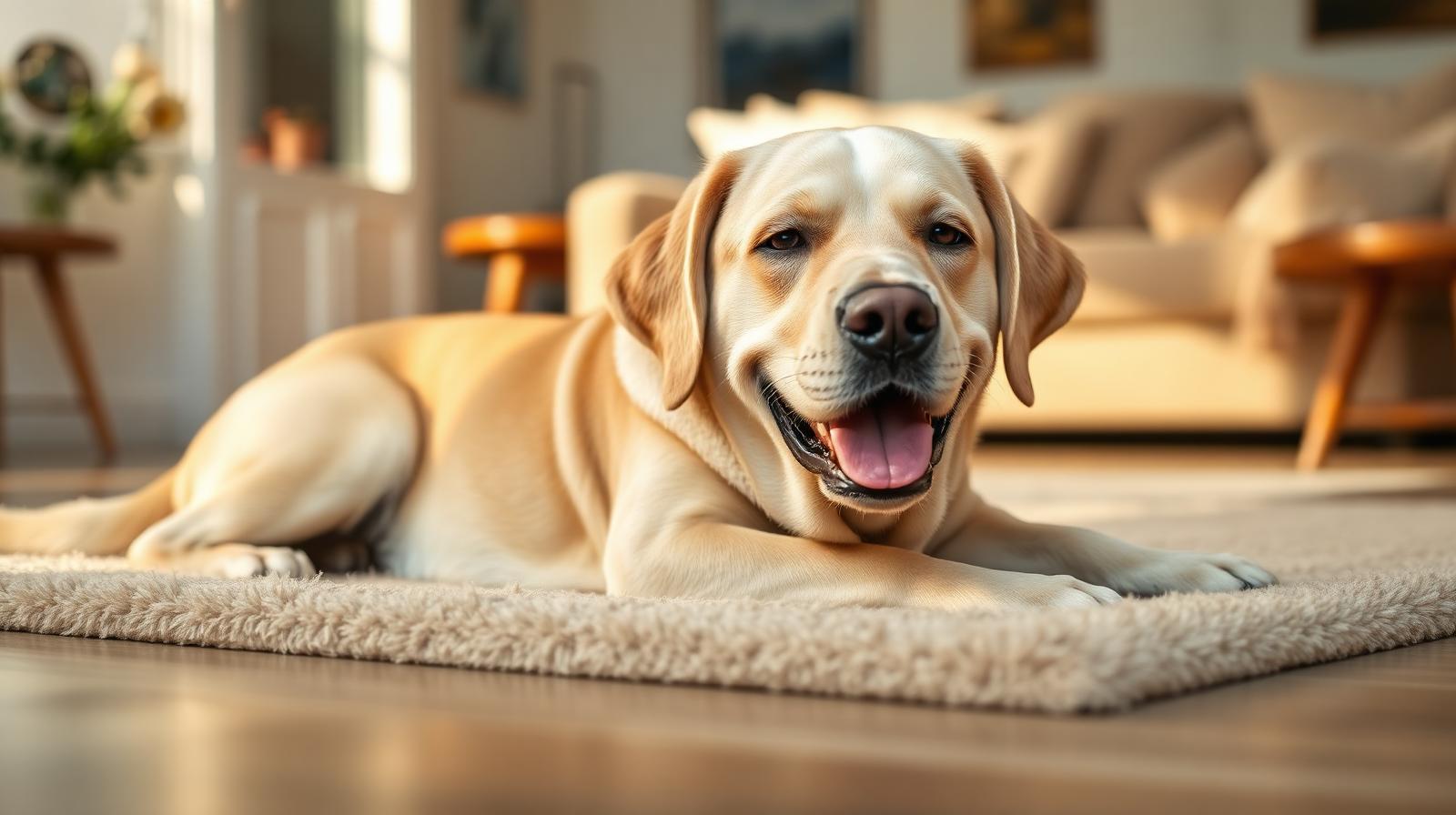 Senior yellow Labrador retriever resting on a beige rug in a sunlit living room