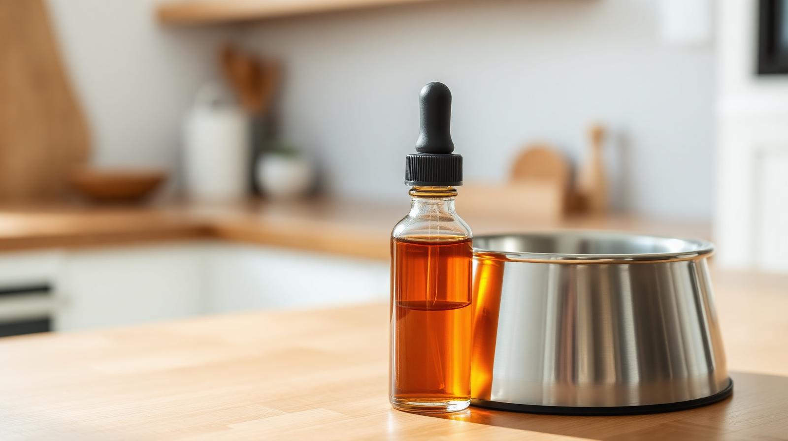Amber dropper bottle of liquid supplement next to a stainless steel dog bowl on a wood counter