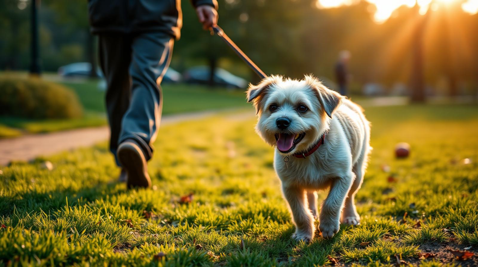 Elderly small mixed-breed dog walking with its owner on a grassy park path at golden hour