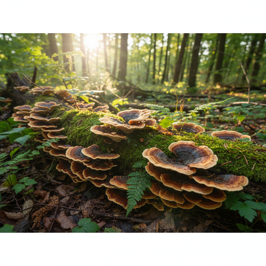Close-up of a vibrant Turkey Tail mushroom on a mossy log.
