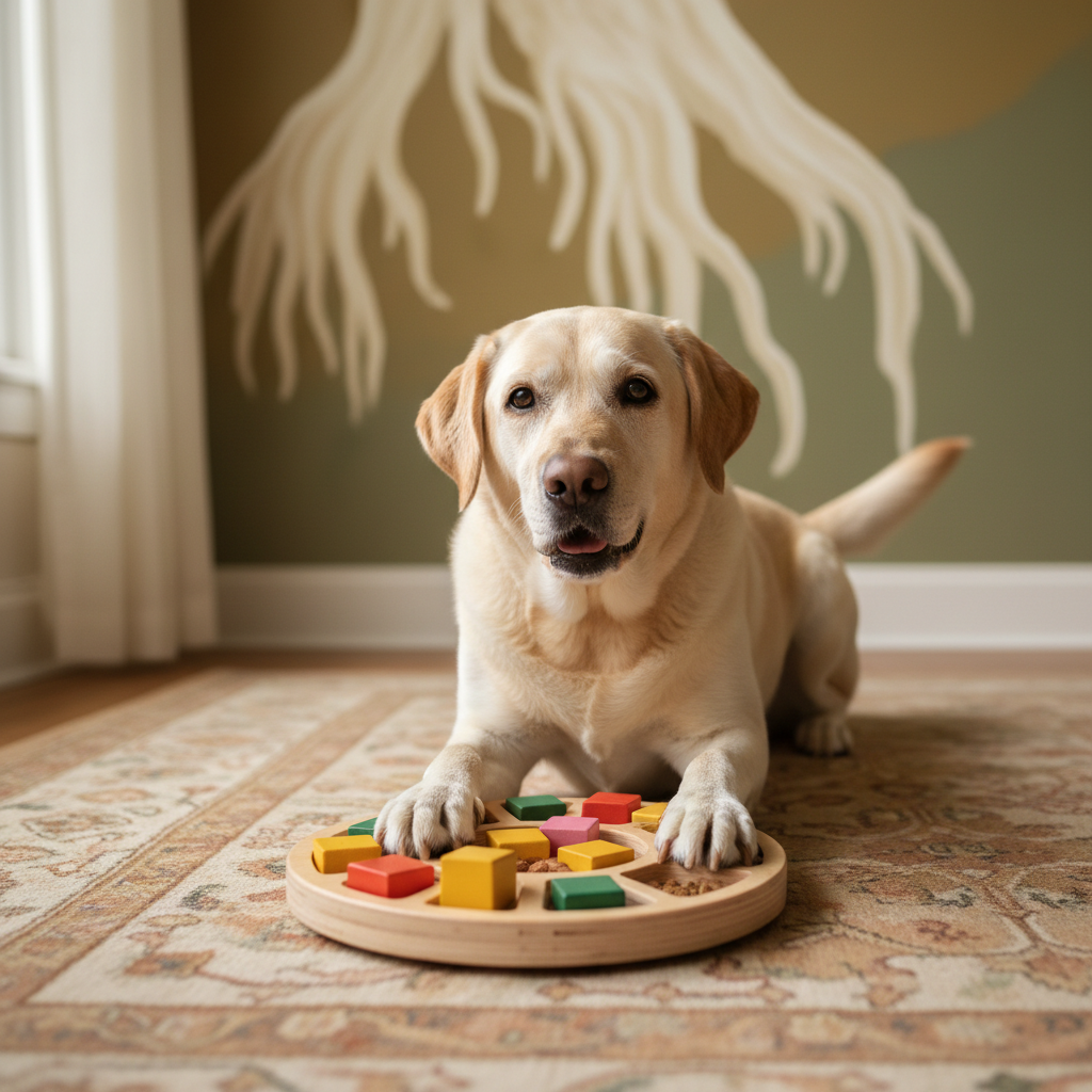 Senior Labrador Retriever playing with a puzzle toy, symbolizing cognitive health.