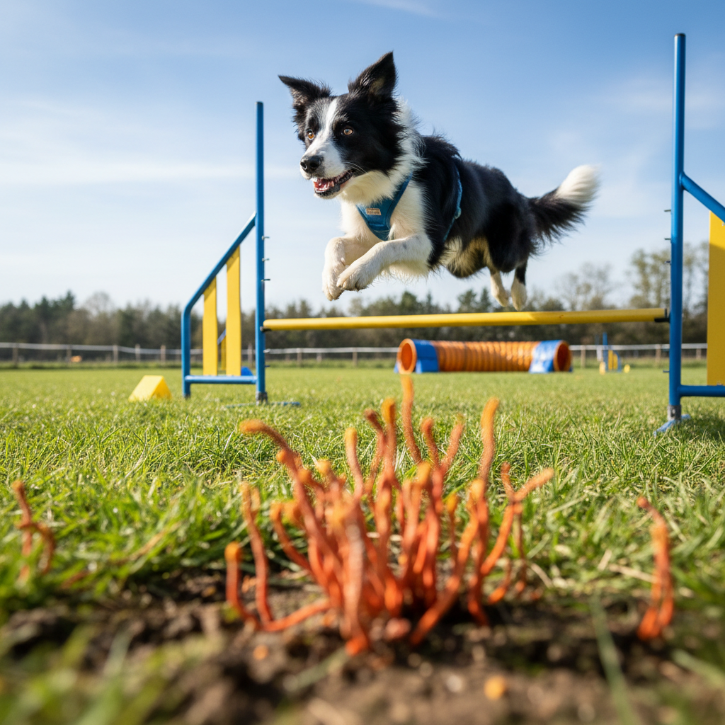 Energetic Border Collie jumping with Cordyceps mushrooms in the foreground.