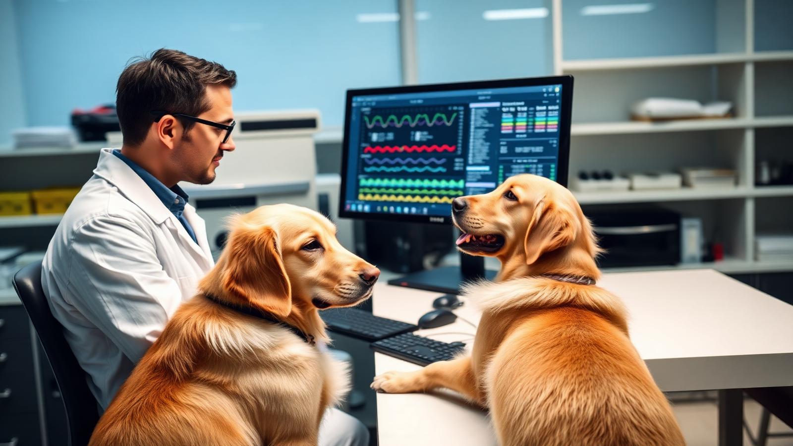 A geneticist in a white lab coat reviewing canine DNA sequencing data on a monitor with two golden retrievers in the laboratory