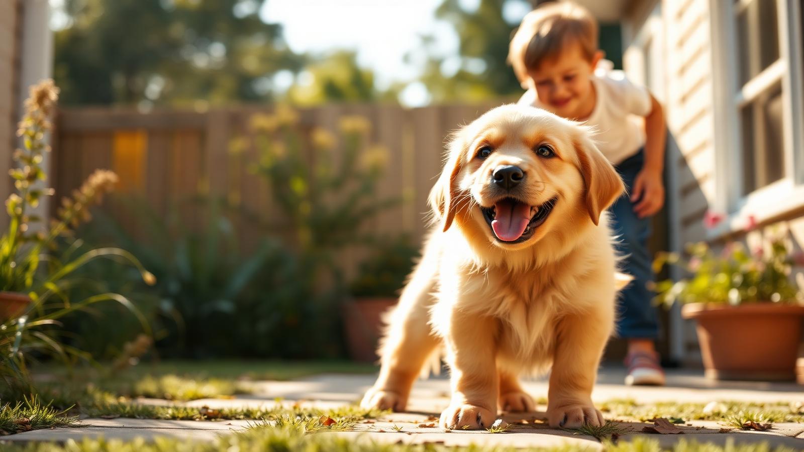 Happy golden retriever puppy playing with a smiling young child in a sunny backyard