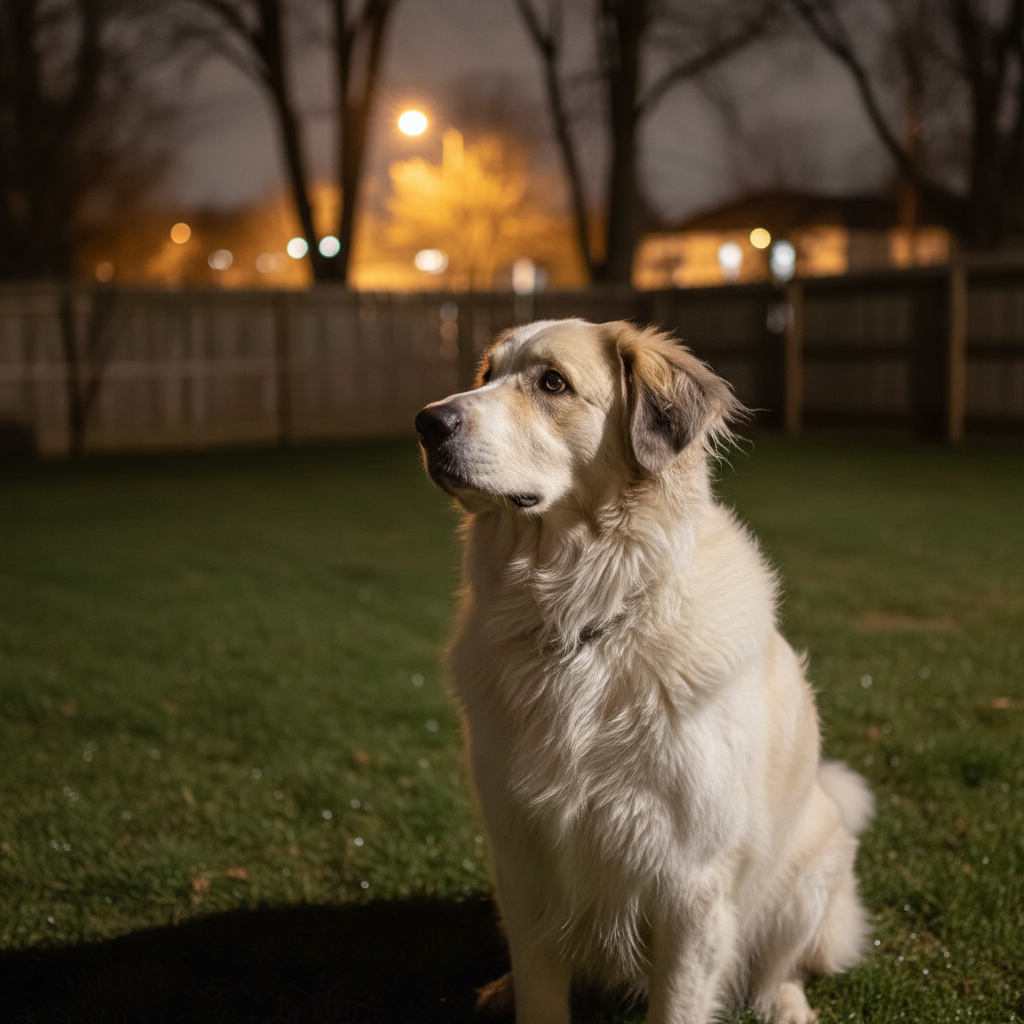 Bramble, a Great Pyrenees, vigilantly watches his suburban backyard at night.