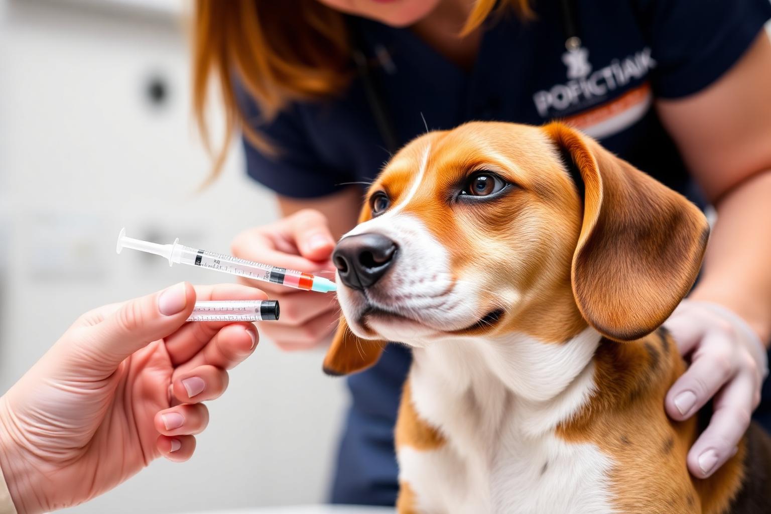 Veterinary technician drawing a blood sample from a calm beagle's foreleg for pre-anesthetic testing