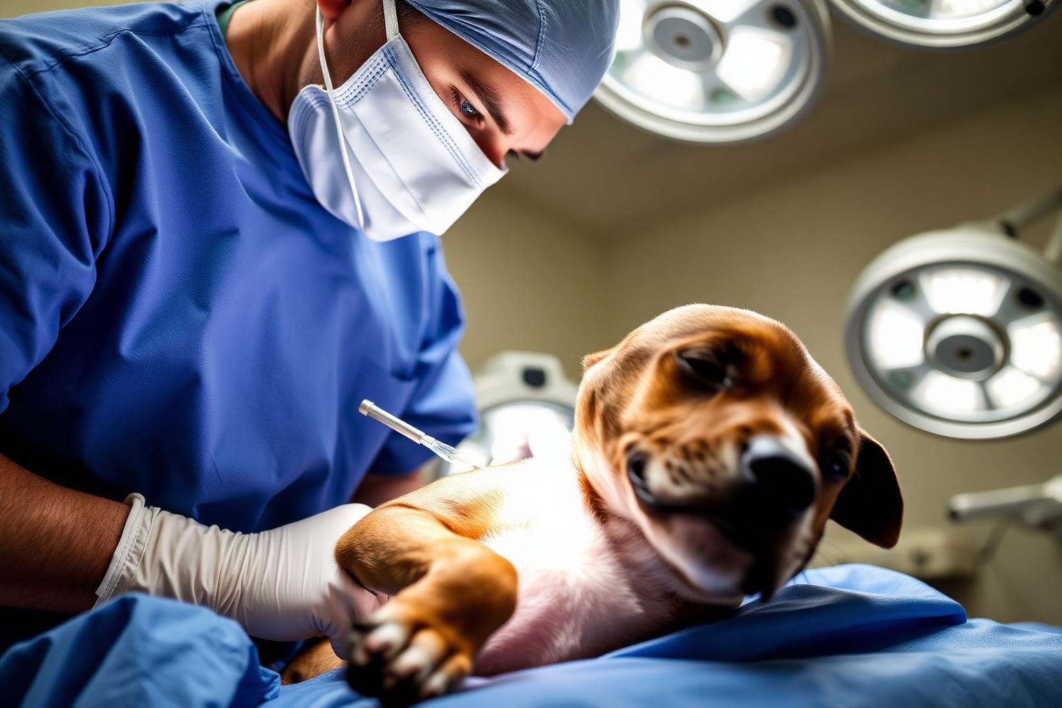 Veterinary surgeon performing a routine soft-tissue surgery on a sedated dog under bright surgical lights
