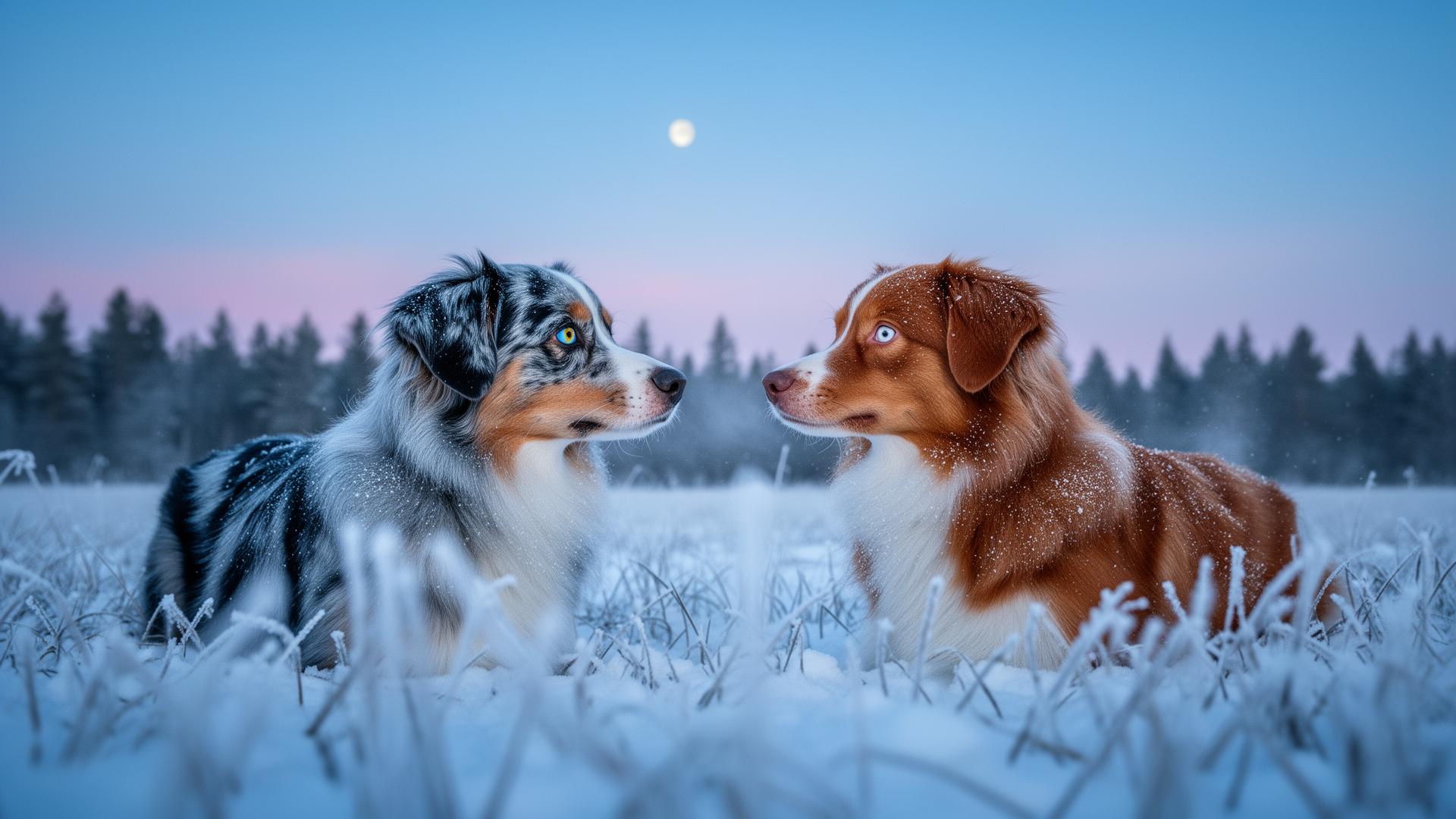 Two Australian Shepherds blinking at each other in a frosted twilight field