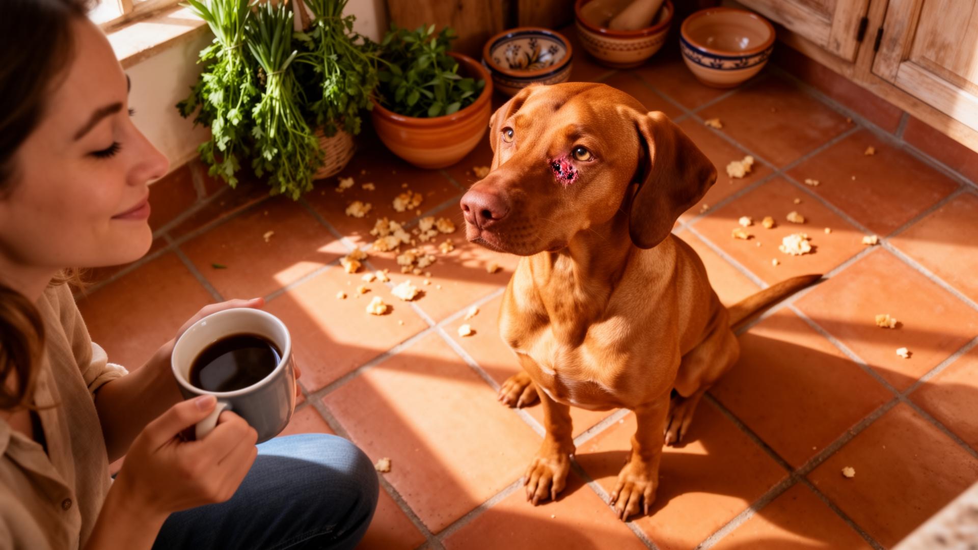Vizsla making slow-blink eye contact with a woman in a sunlit kitchen