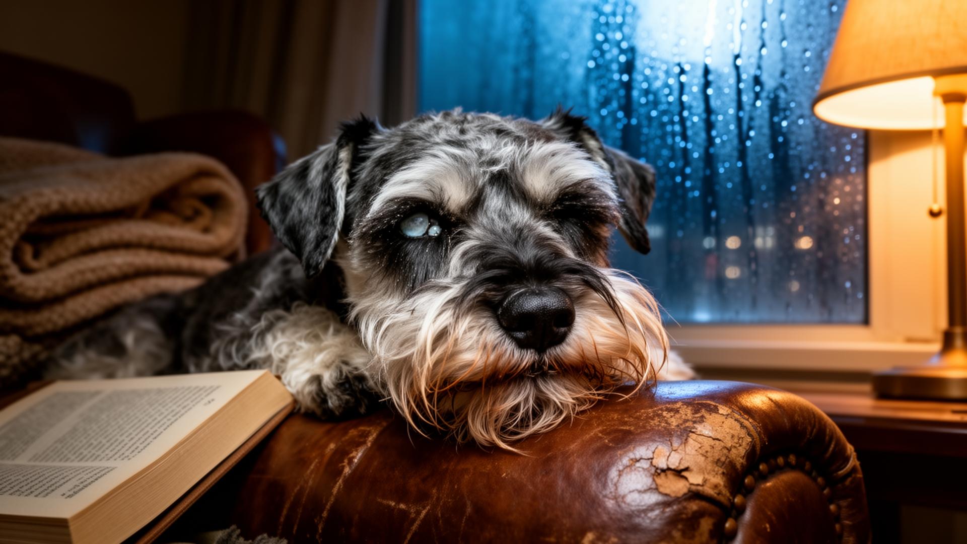 Senior Miniature Schnauzer slow-blinking on a leather armchair beside a rainy night window