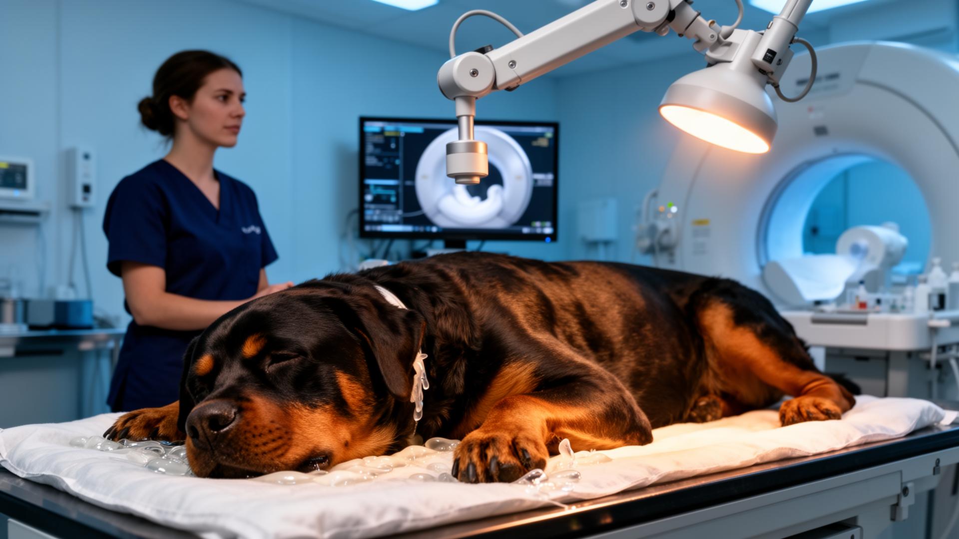 Sedated Rottweiler lying on a padded table beneath a focused ultrasound transducer arm with an MRI scanner visible in the background