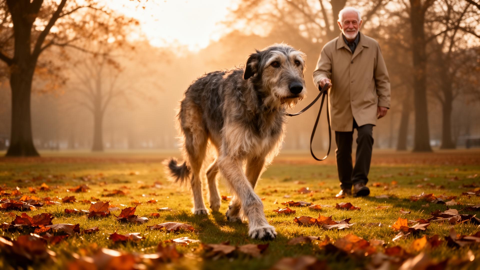 Elderly Irish Wolfhound walking on autumn leaves at golden hour with an older owner holding the leash