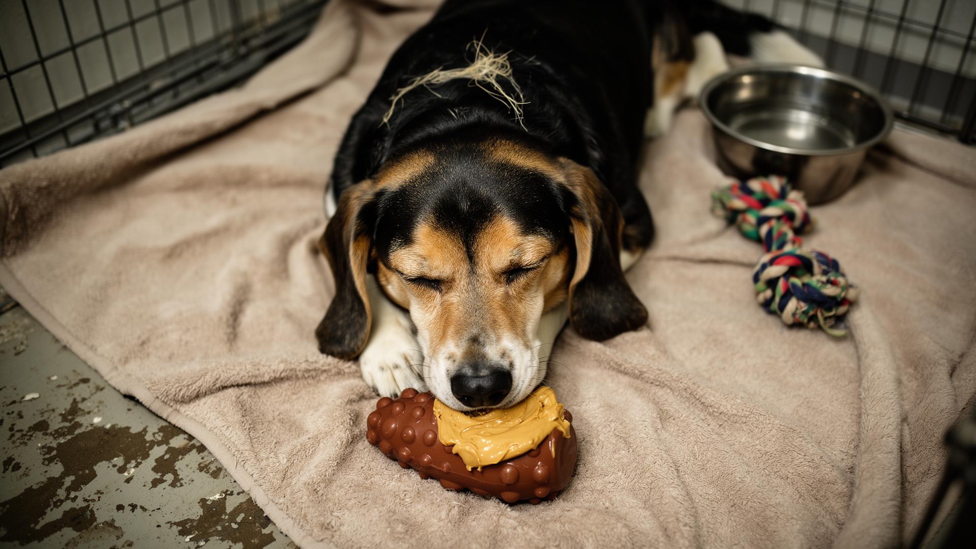Top-down view of a tricolor Beagle mix asleep on a fleece blanket in a shelter kennel with a peanut butter Kong, water bowl, and rope toy nearby