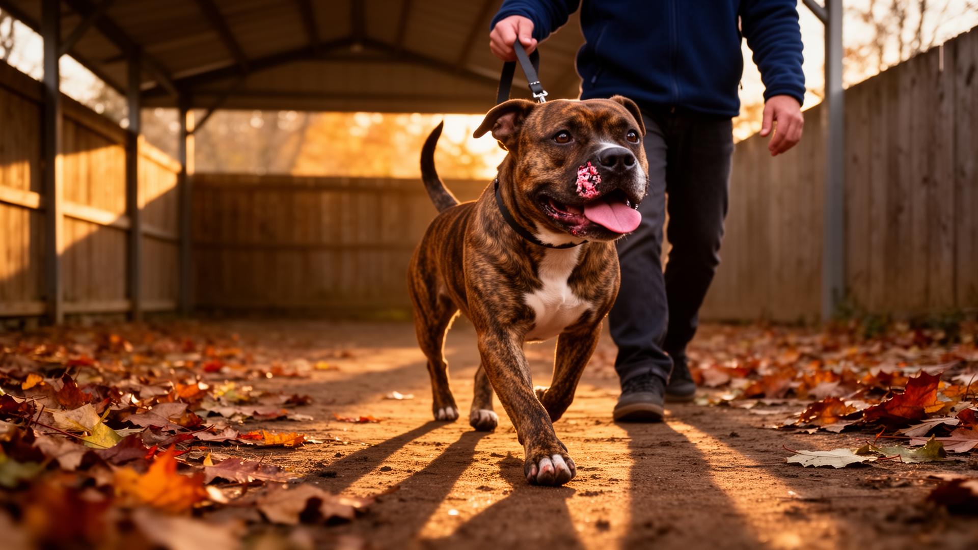 Brindle Staffordshire Bull Terrier walking on a loose leash with a handler at golden hour in a quiet shelter yard with autumn leaves