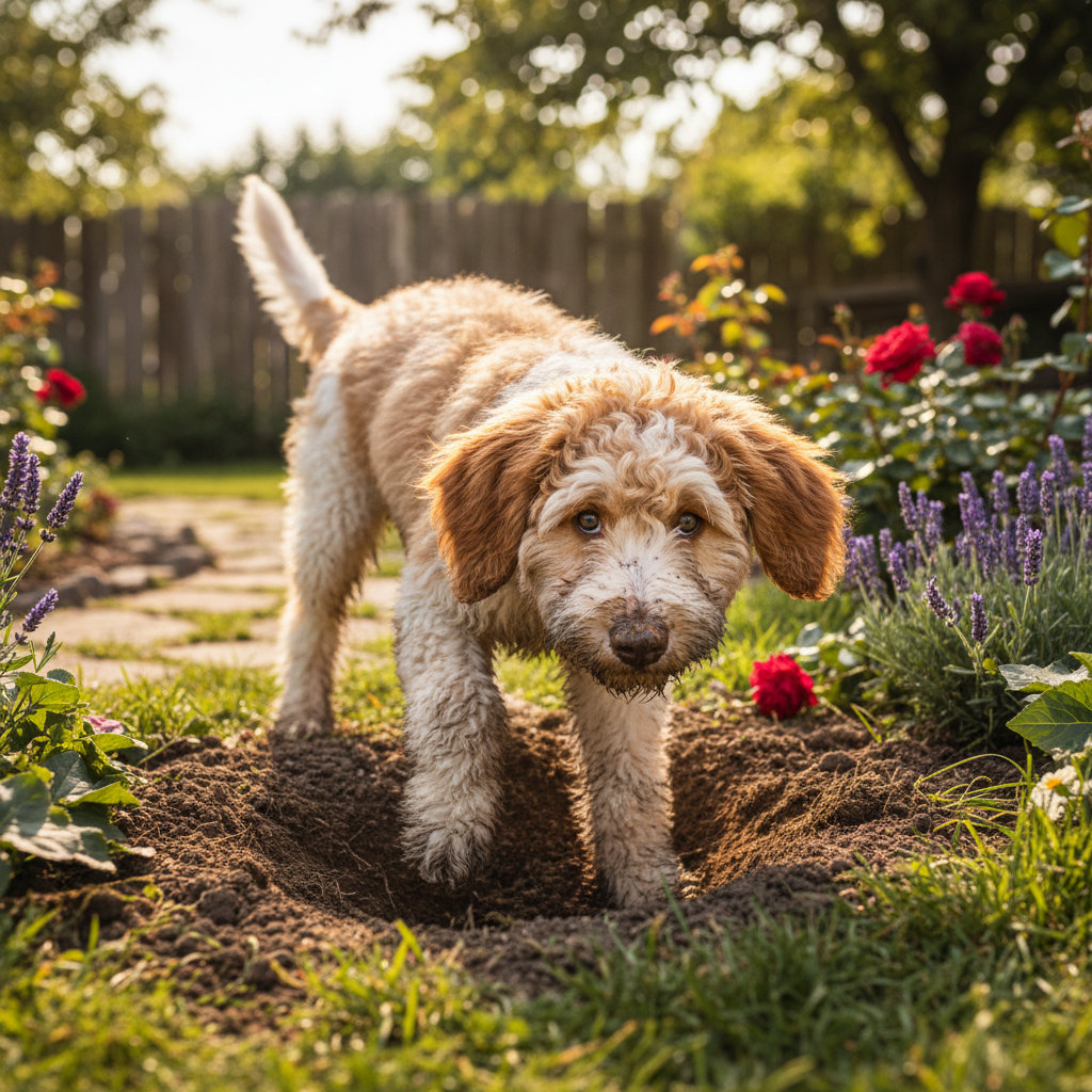 A playful Lagotto Romagnolo puppy digging in a garden.