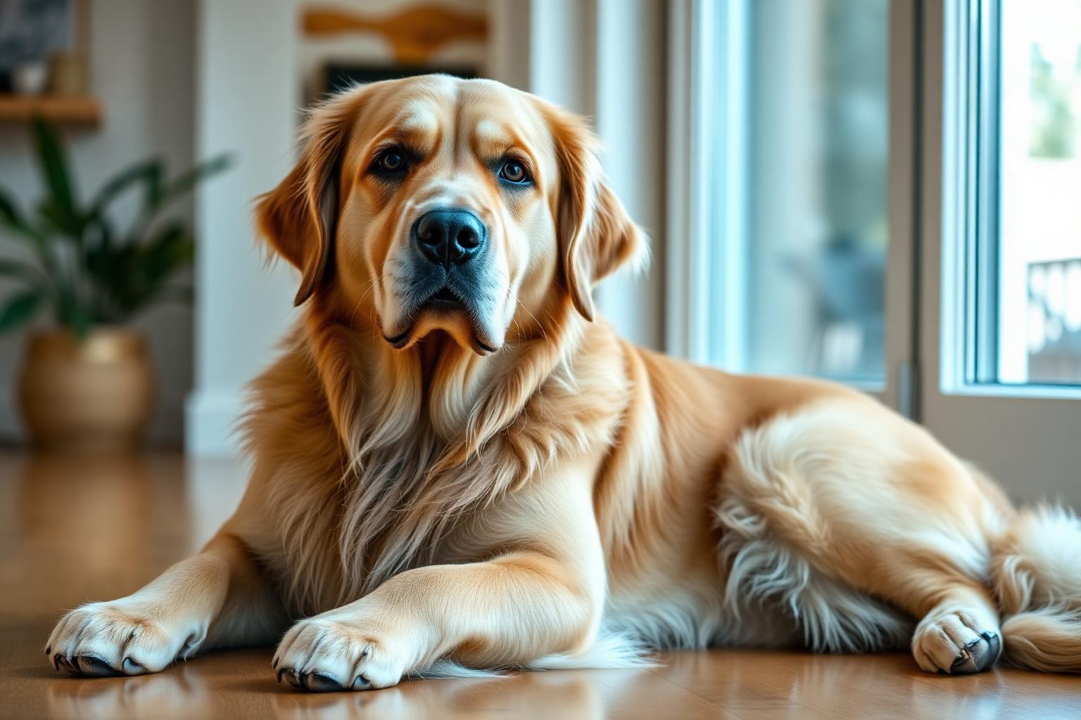 Senior Golden Retriever with a graying muzzle resting calmly in a bright living room