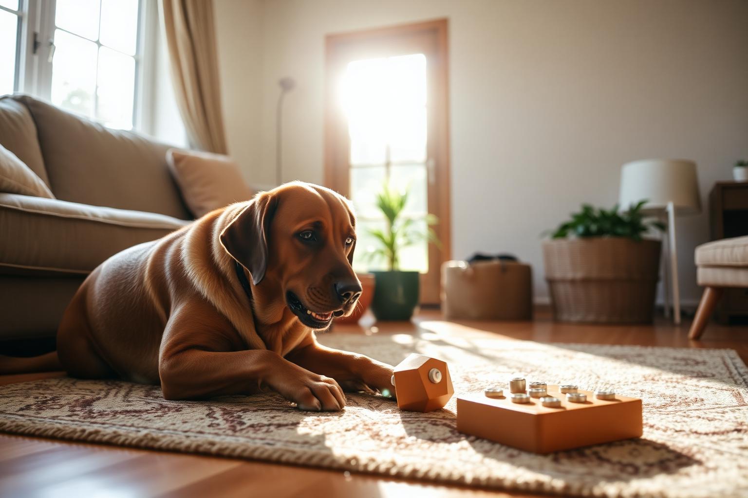 Senior Labrador working a puzzle feeder on a living room rug in warm afternoon sunlight