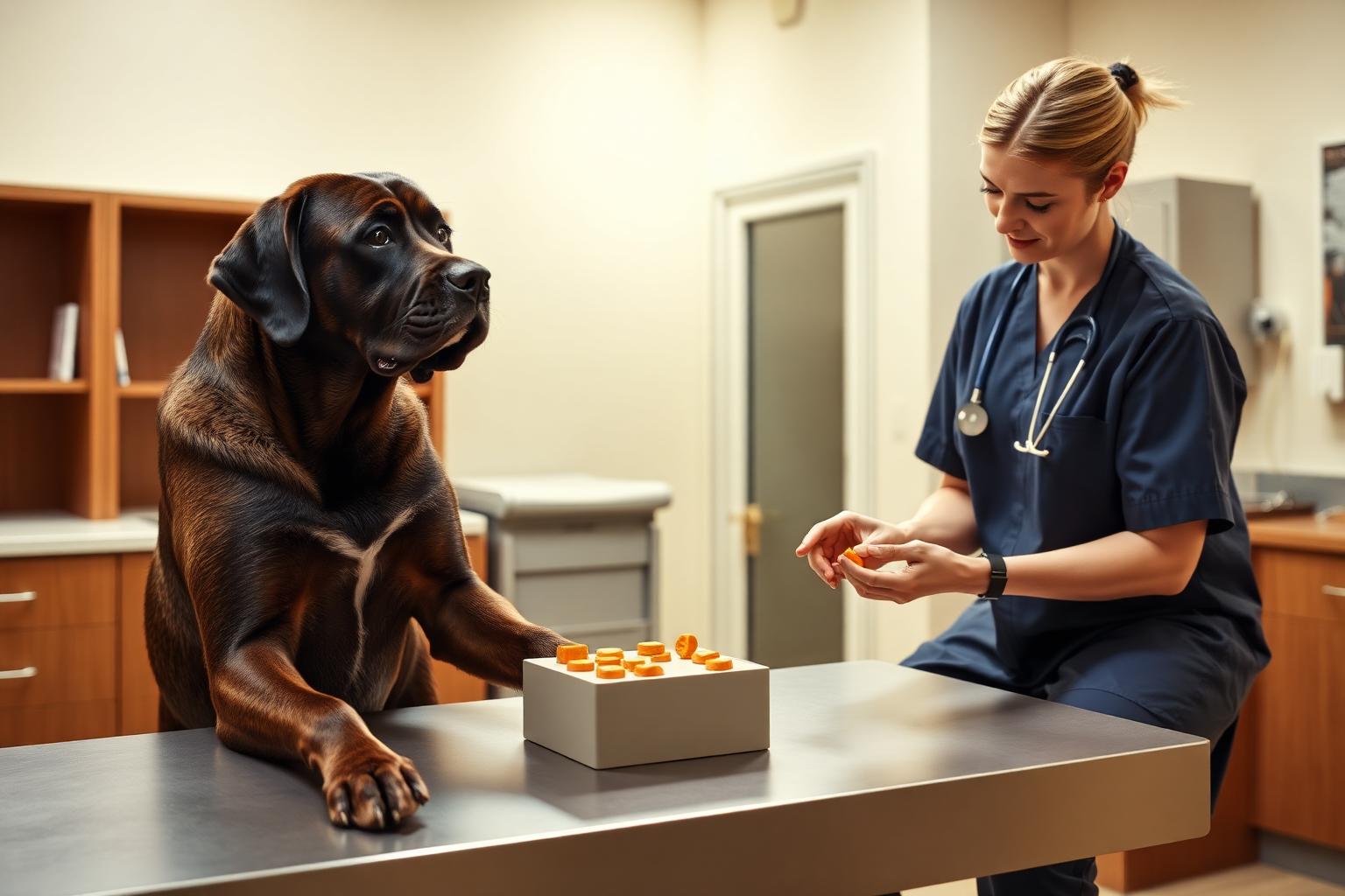 Veterinarian performing a treat-puzzle cognitive assessment on a large senior dog in a clinic
