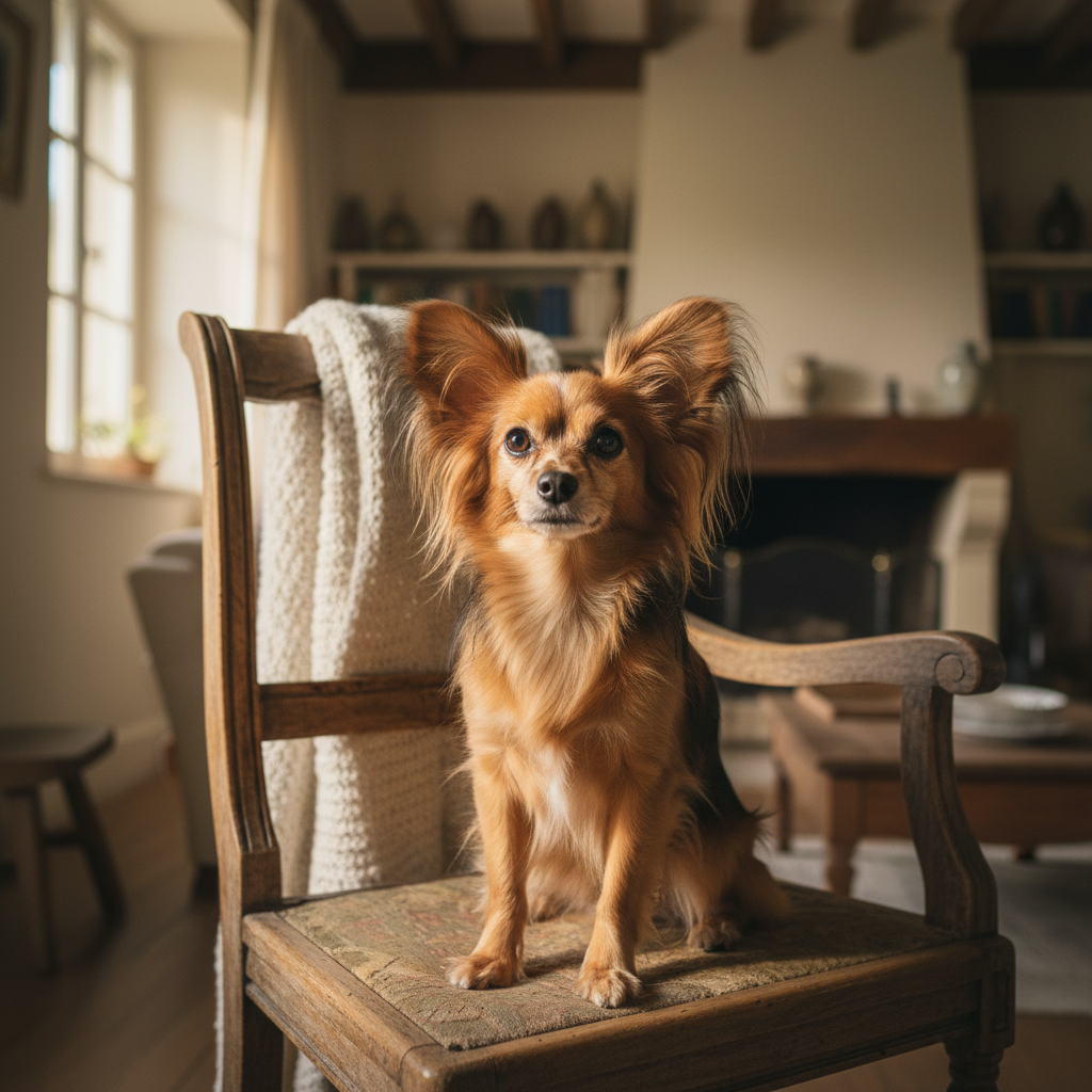 Close-up photo of Lazare, a cheerful French Papillon, with his distinctive butterfly ears, looking alert and content.