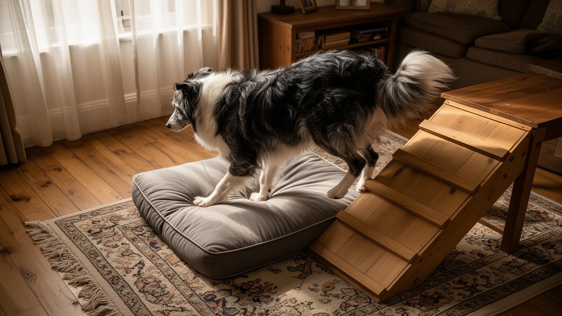 A senior Border Collie using a wooden ramp to step onto a low orthopaedic dog bed in a cosy British living room