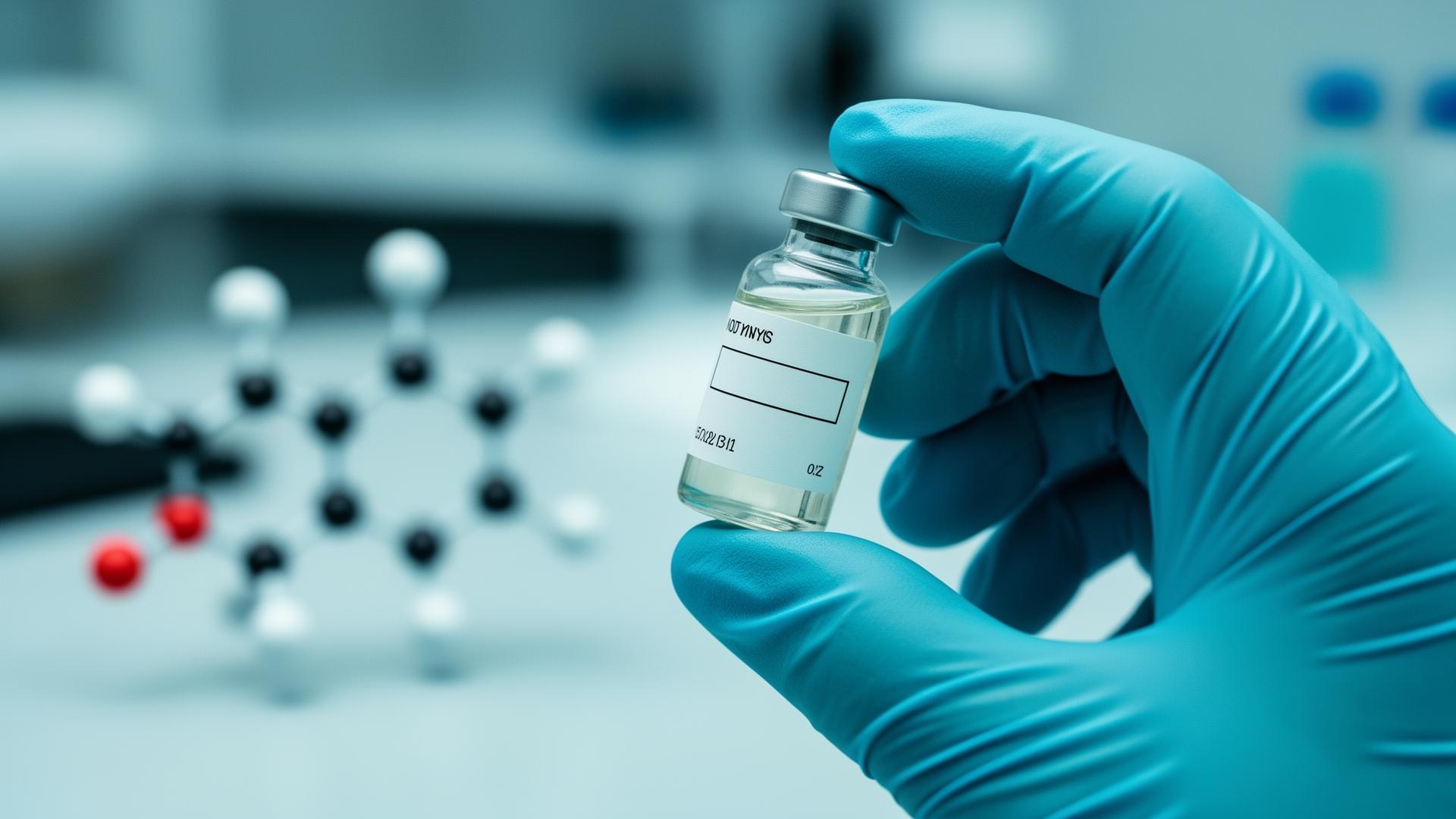 Close-up of a gloved scientist's hand holding a small clear pharmaceutical vial in a research lab with a molecular model in the background