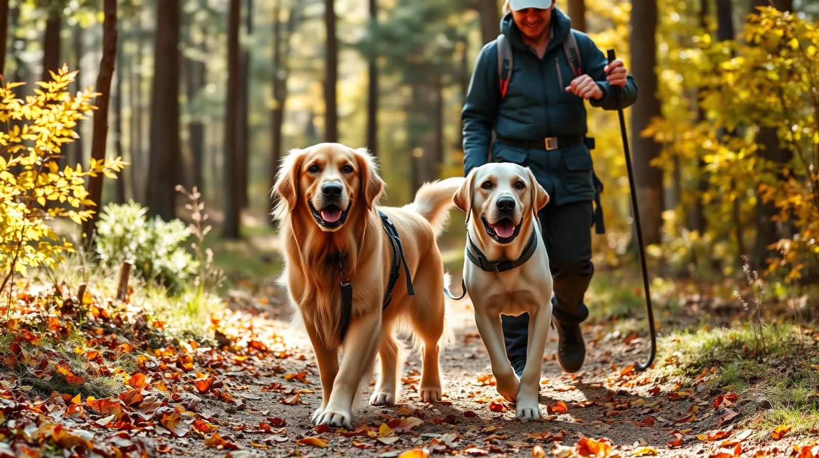 Senior golden retriever and labrador walking with their owner on an autumn forest trail
