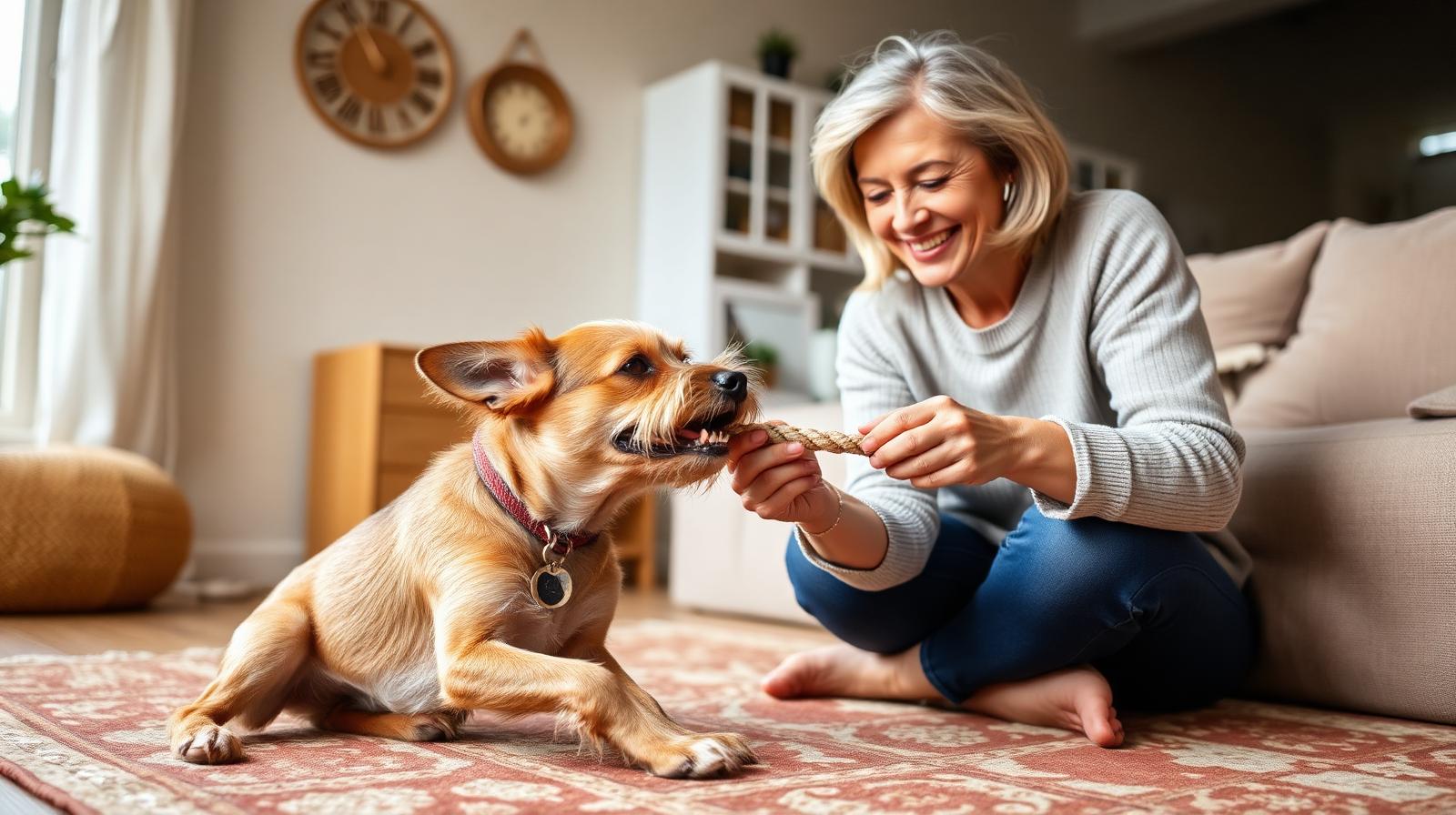 Smiling woman playing tug-of-war with a senior small mixed-breed terrier on a living-room rug