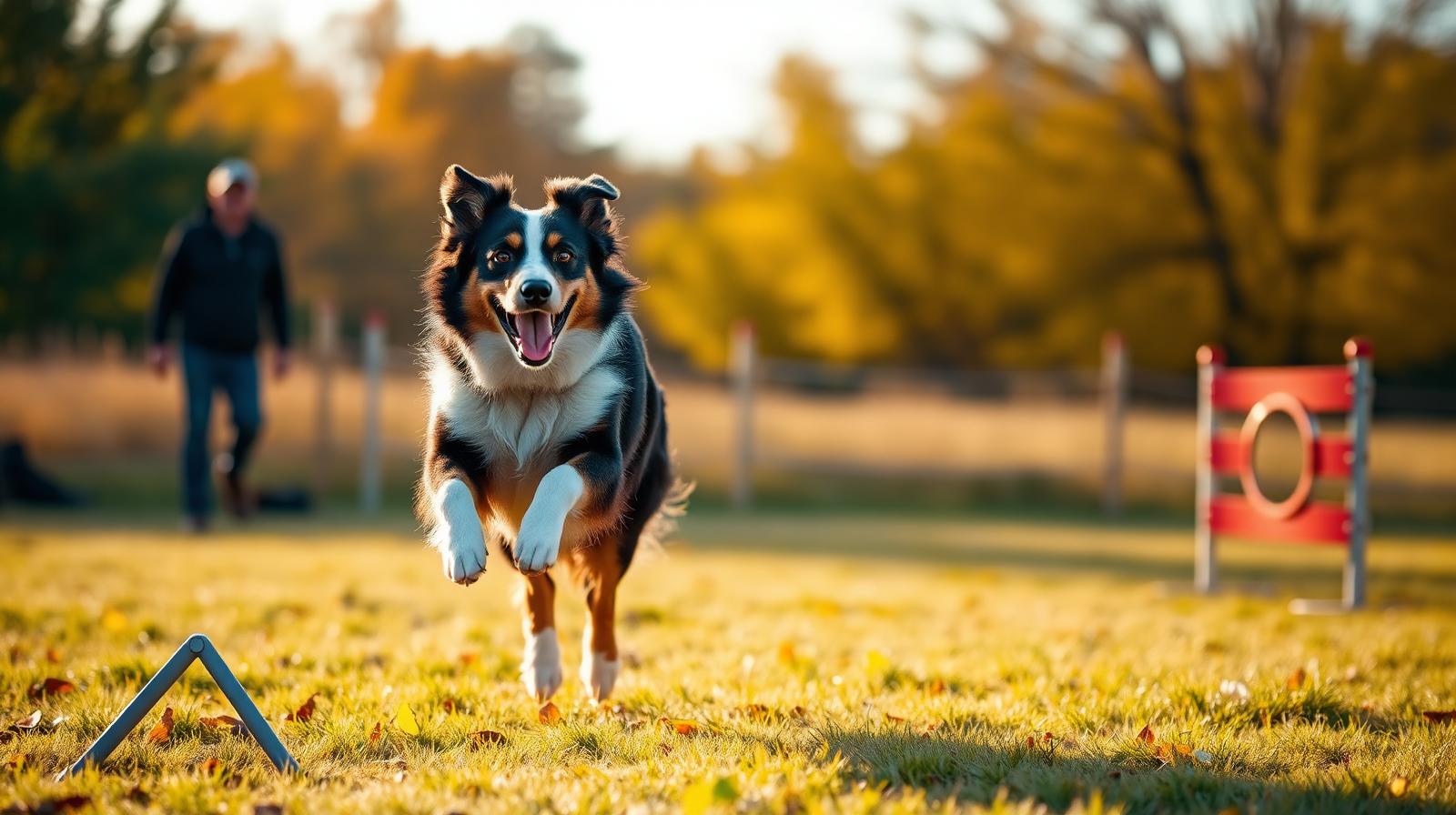 Senior border collie leaping a low jump on a sunlit autumn agility course