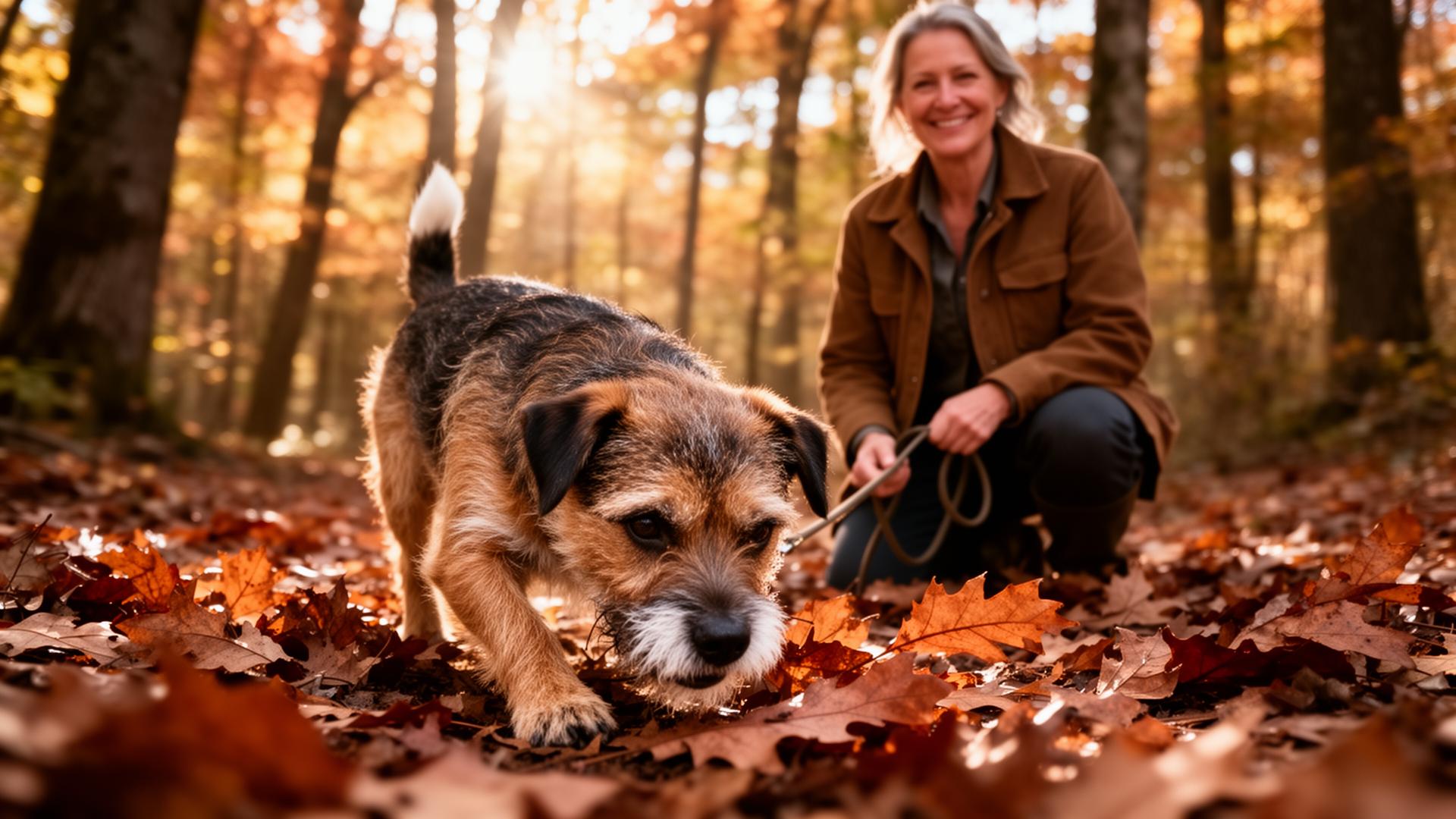 Senior wiry-coated Border Terrier following a scent trail through autumn oak leaves while a smiling woman in a barn jacket kneels behind