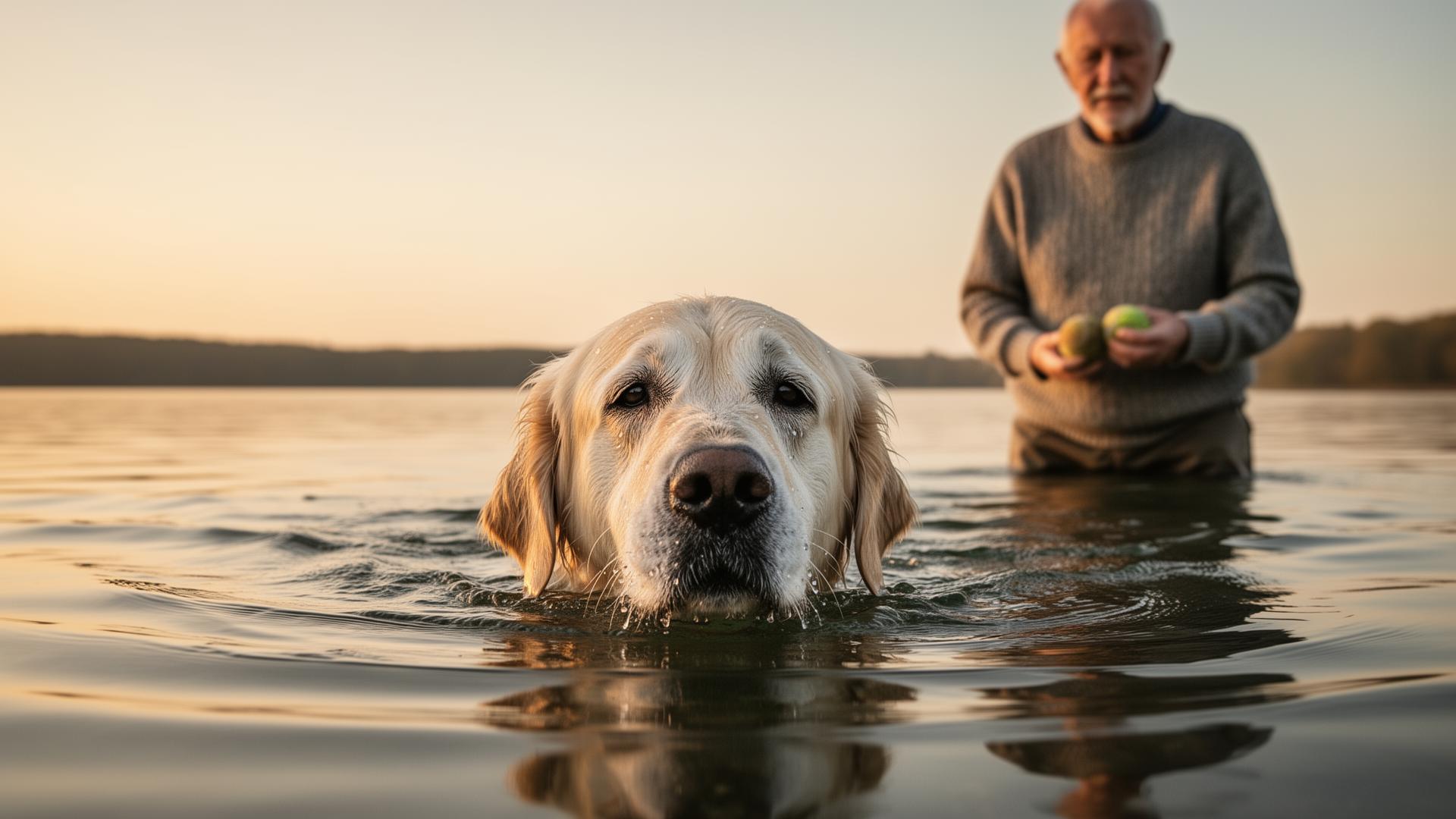 Senior cream Golden Retriever swimming toward camera at golden hour with elderly owner standing knee-deep behind