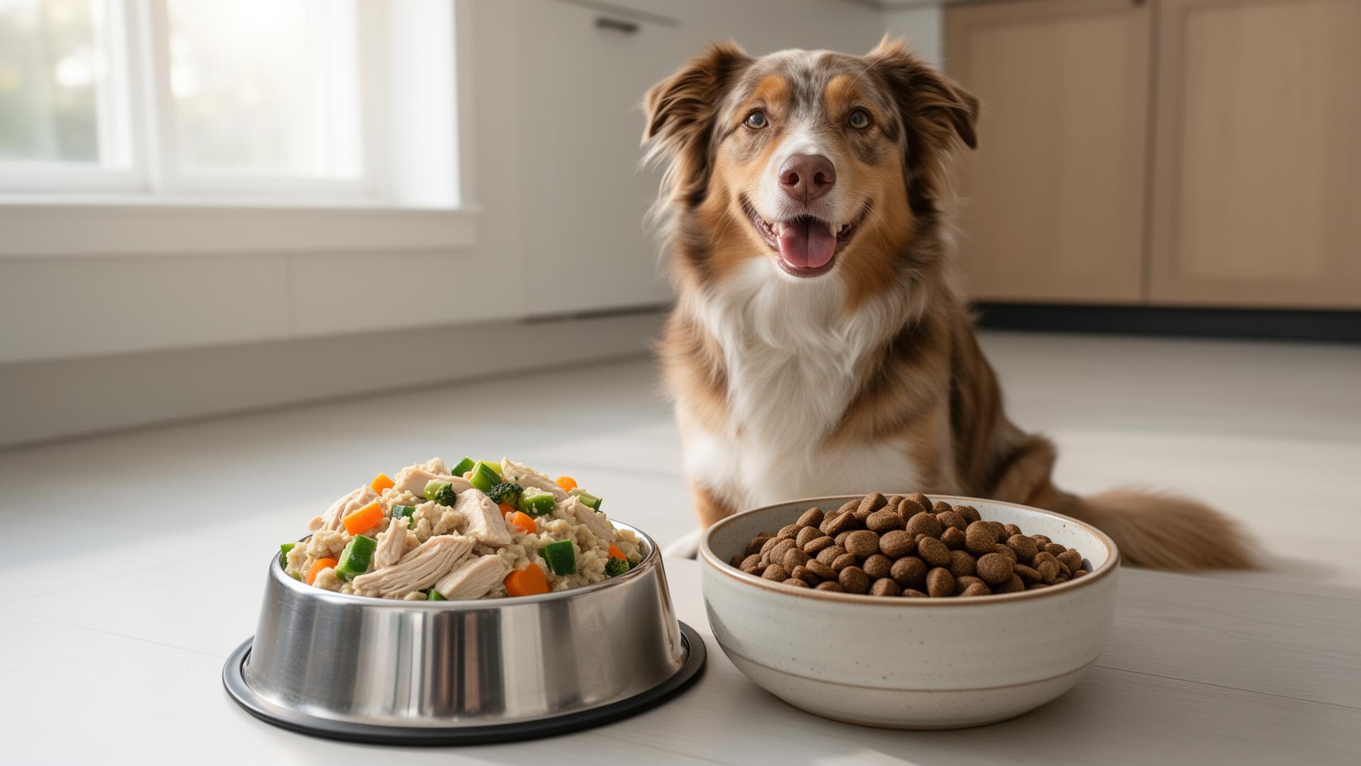 A happy mixed-breed dog sitting between a bowl of fresh gently-cooked dog food and a bowl of extruded kibble in a bright Scandinavian kitchen