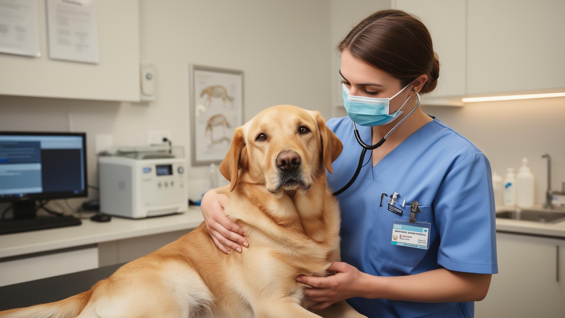 A veterinary nurse gently examining a calm yellow Labrador in a modern Sydney clinic