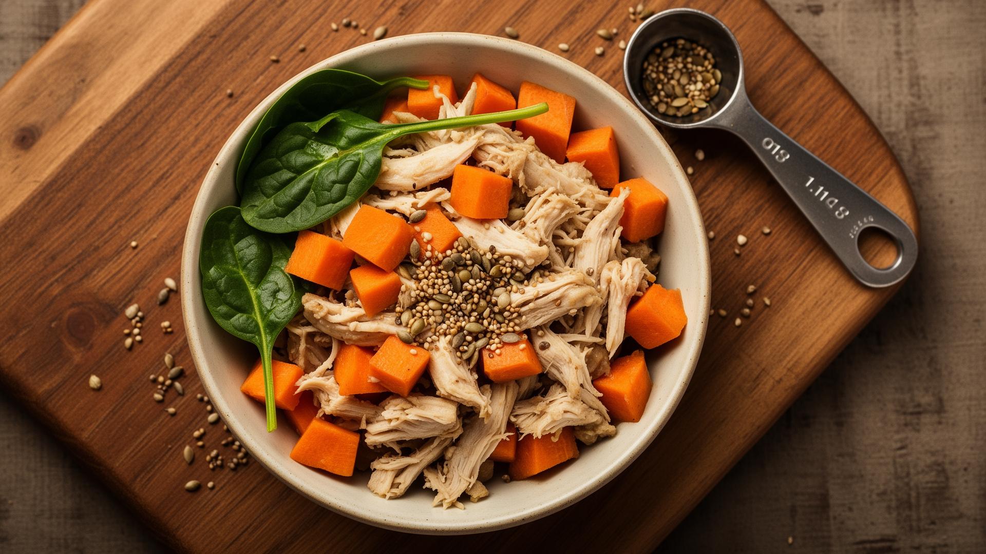 Overhead flat-lay of a fresh, gently-cooked dog meal with chicken, sweet potato, spinach and seeds