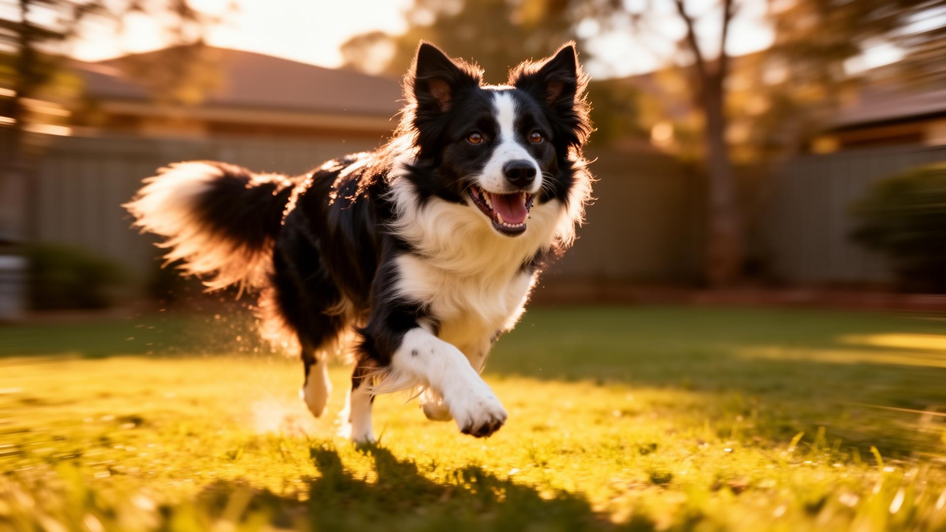 A glossy-coated Border Collie running through a sunlit Australian backyard