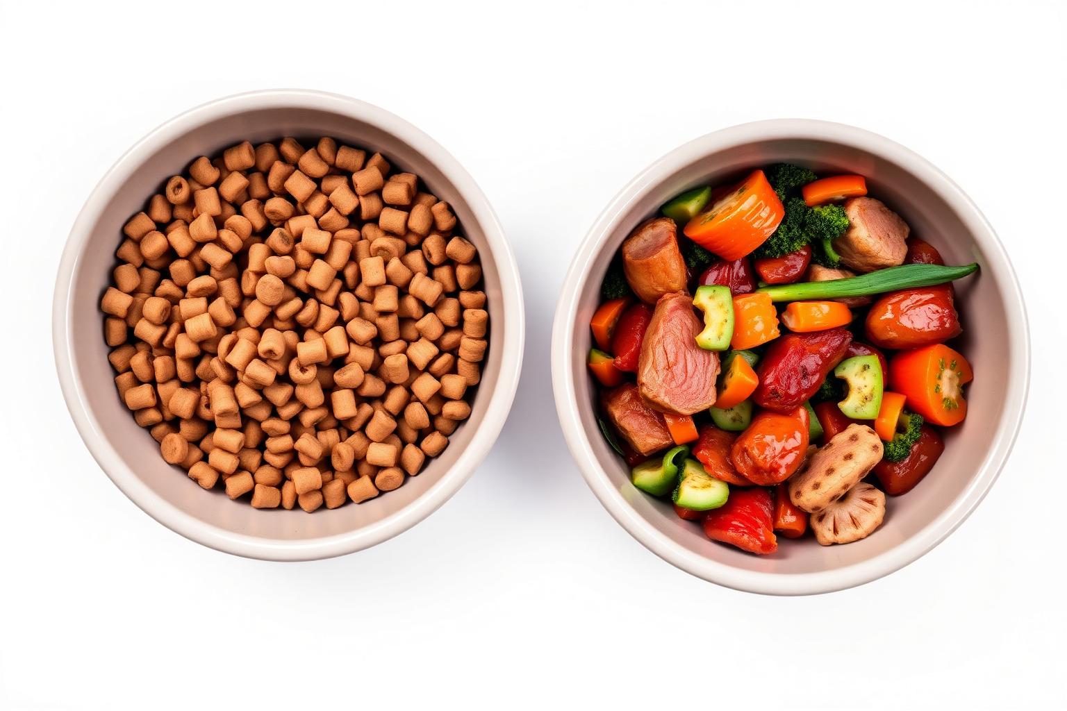 Two dog bowls side by side comparing brown extruded kibble pellets to colorful minimally processed fresh dog food with meat and vegetables